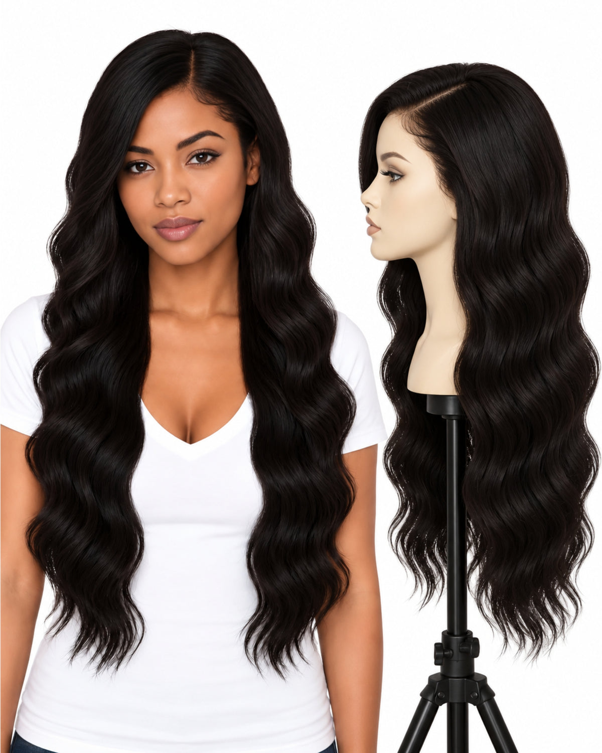 Black wavy transparent lace front human hair wig, 70 cm