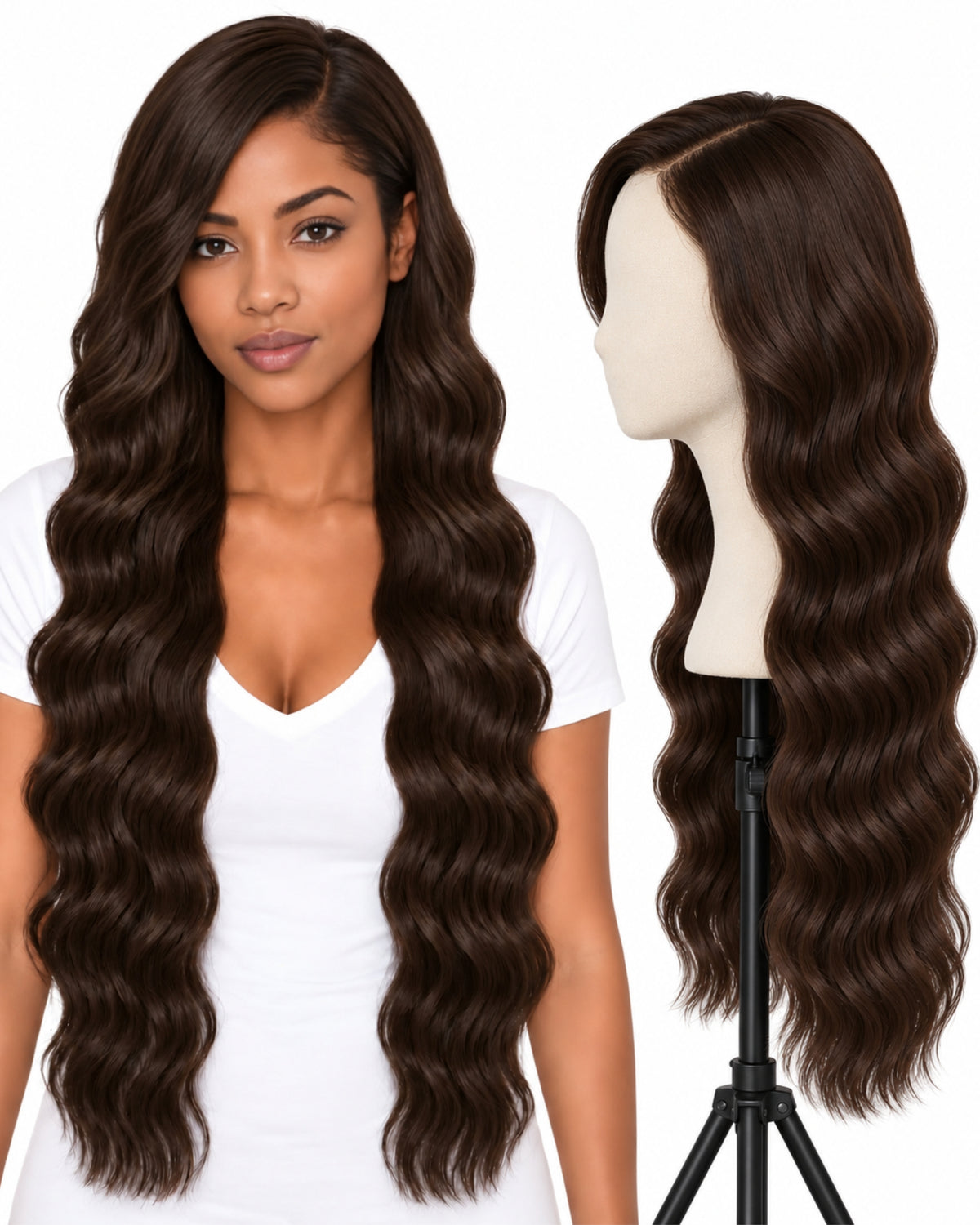 Natural brown wavy transparent lace front human hair wig, 70 cm