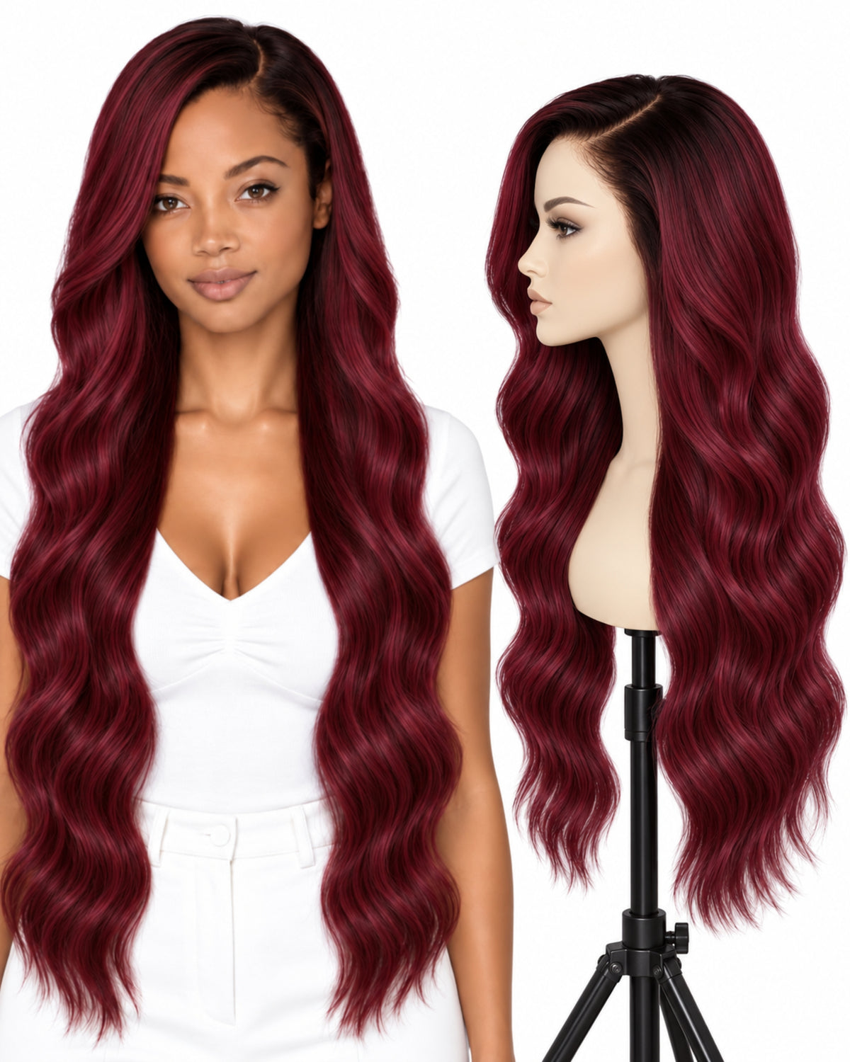 Red wavy transparent lace front human hair wig, 70 cm