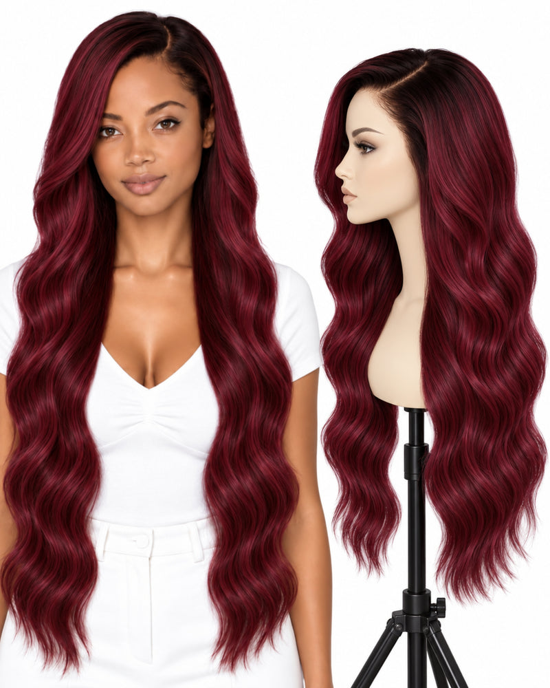 Red Wavy Transparent Lace Front Human Hair Wig — 70 cm