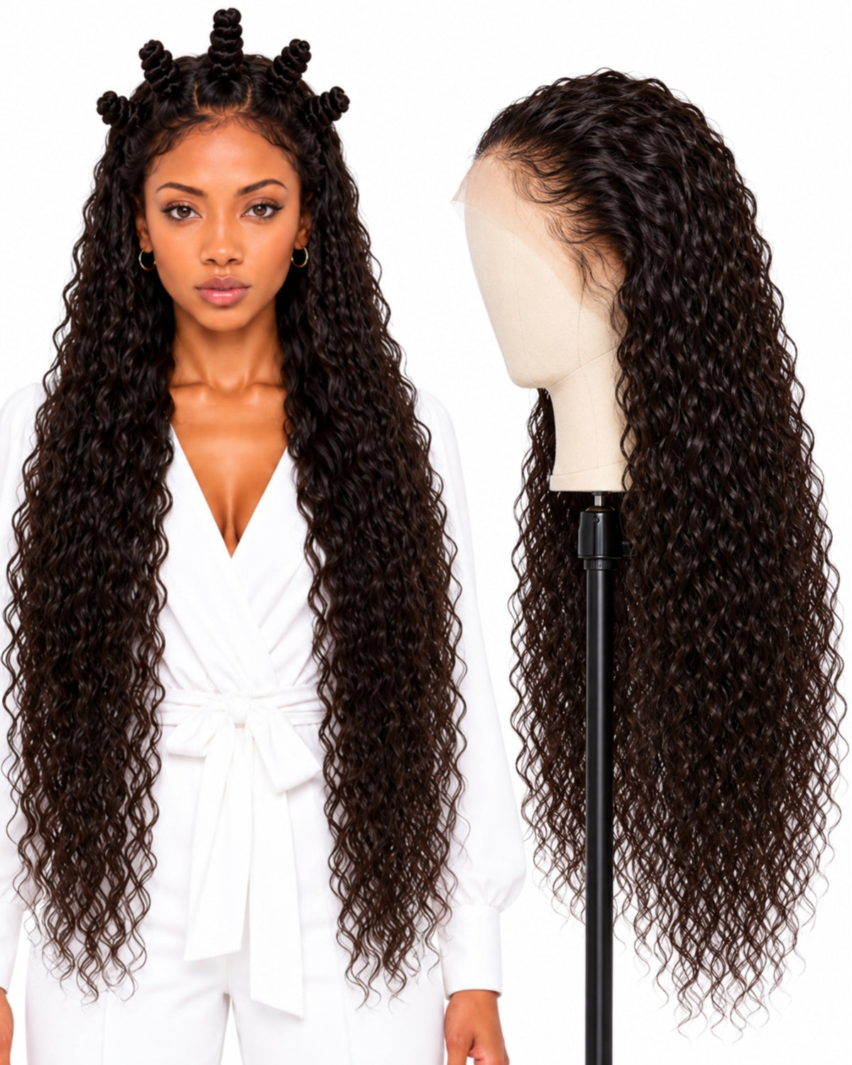Natural brown curly full lace human hair wig, 80 cm