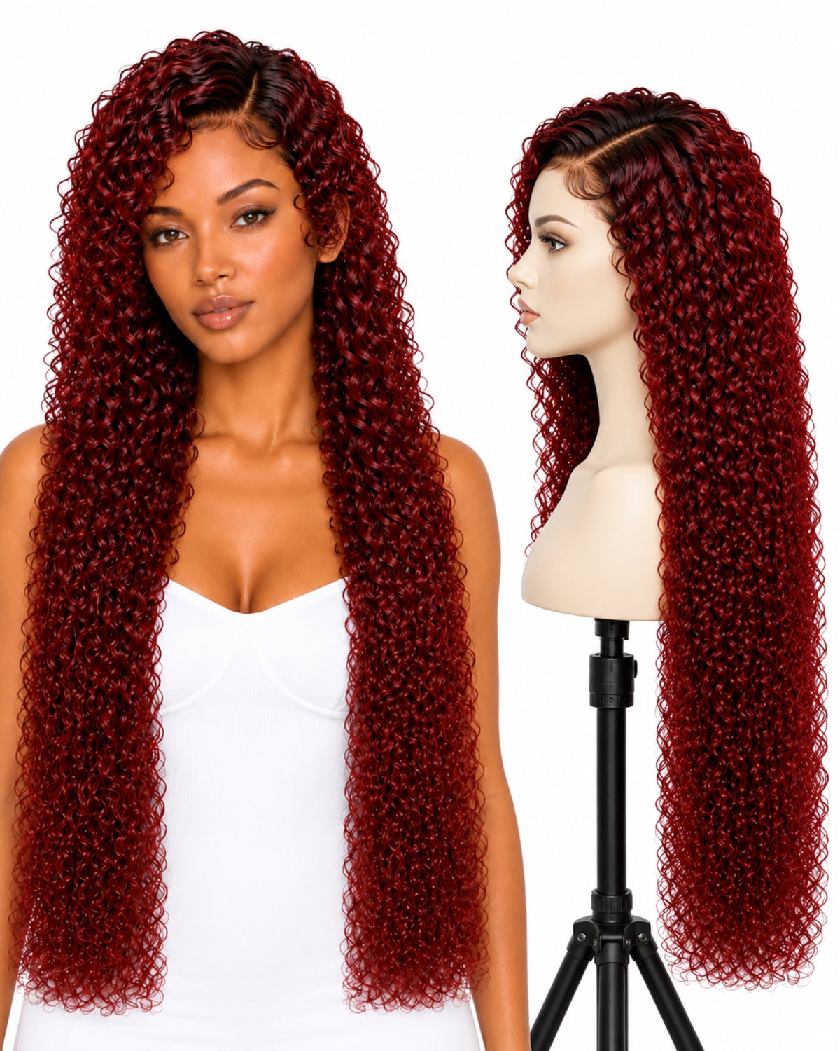Red curly transparent lace front human hair wig, 80 cm