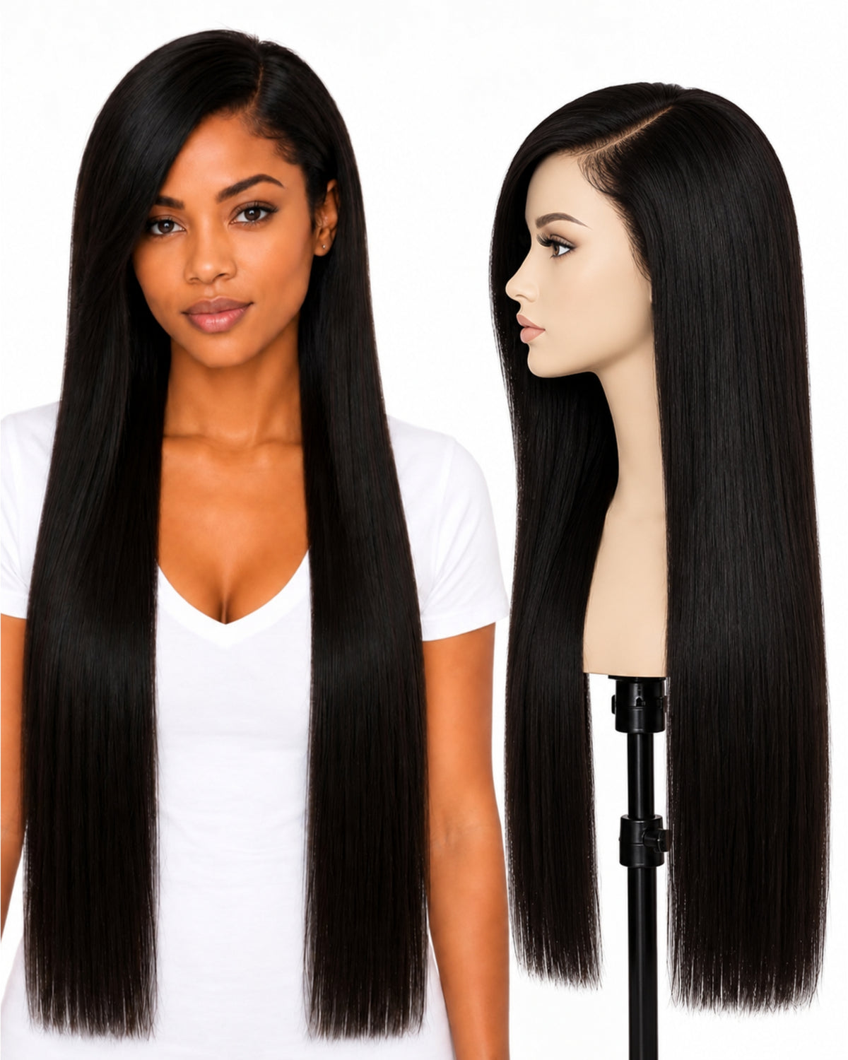 Black straight transparent lace front human hair wig, 80 cm