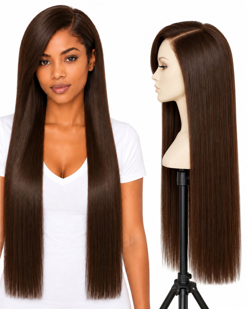 Natural Brown Straight Transparent Lace Front Human Hair Wig — 80 cm