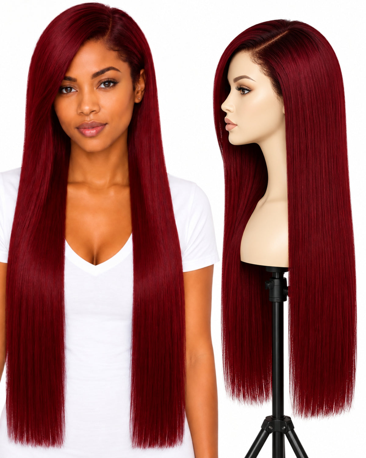 Red straight transparent lace front human hair wig, 80 cm