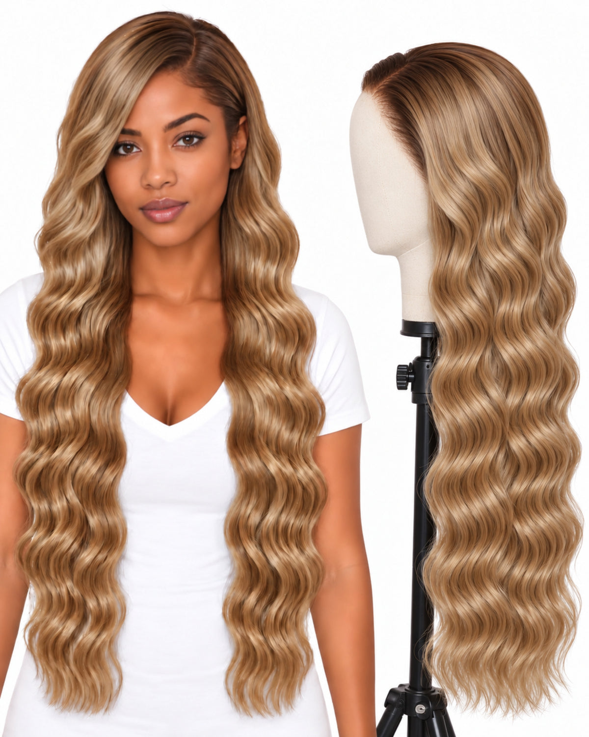 Blonde wavy transparent lace front human hair wig, 80 cm
