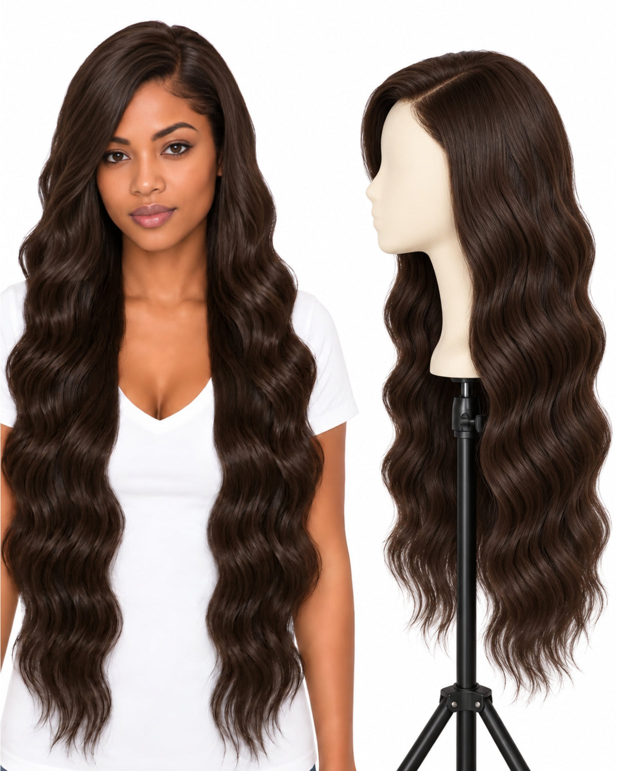 Natural brown wavy transparent lace front human hair wig, 80 cm