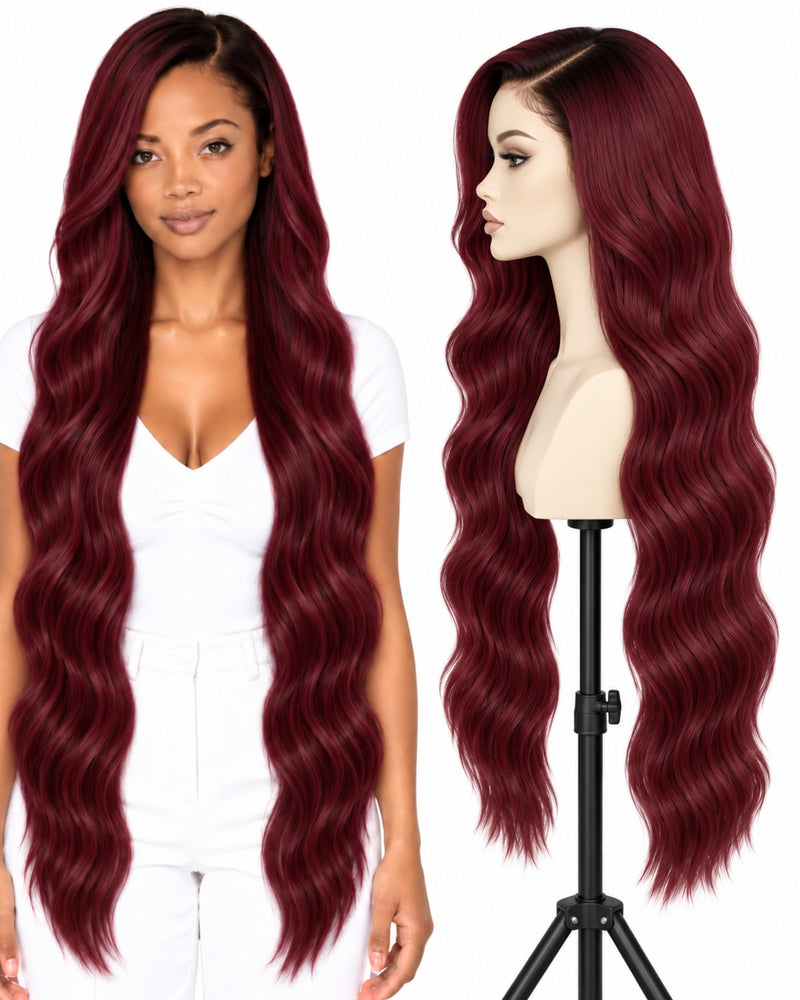 Red Wavy Transparent Lace Front Human Hair Wig — 80 cm