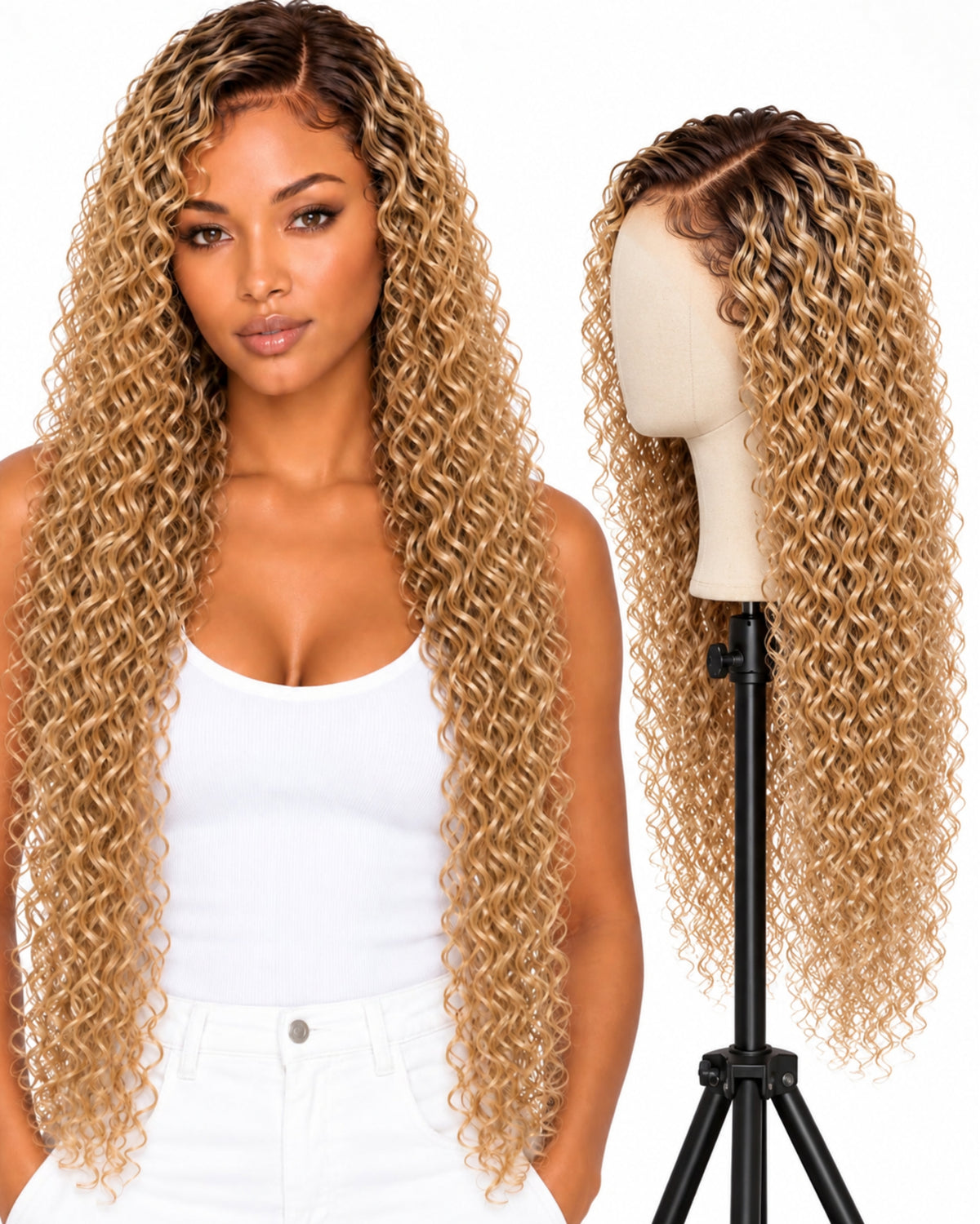 Blonde curly transparent lace front human hair wig, 90 cm