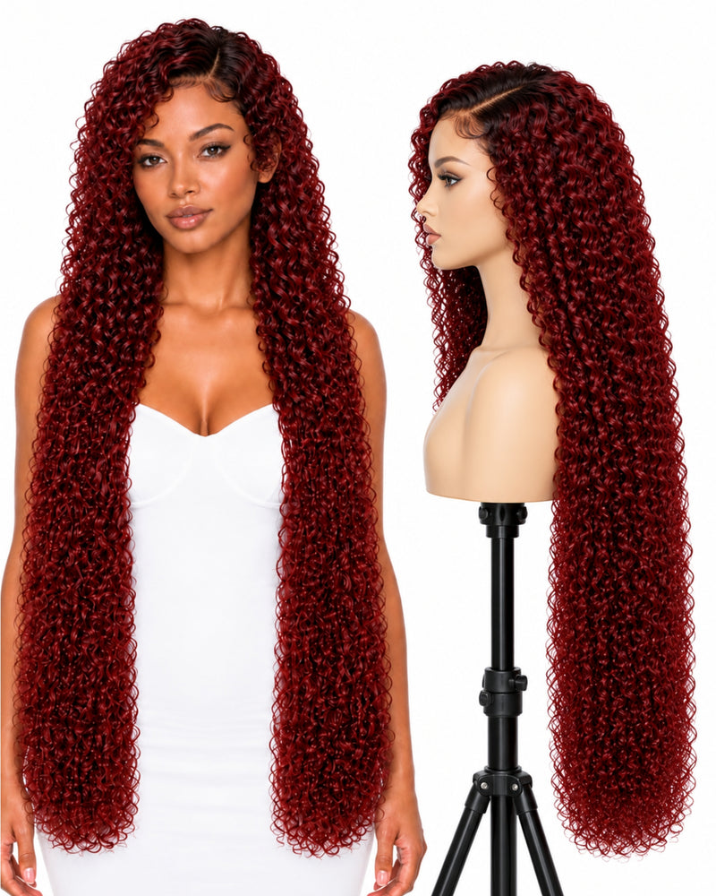 Red Curly Transparent Lace Front Human Hair Wig — 90 cm