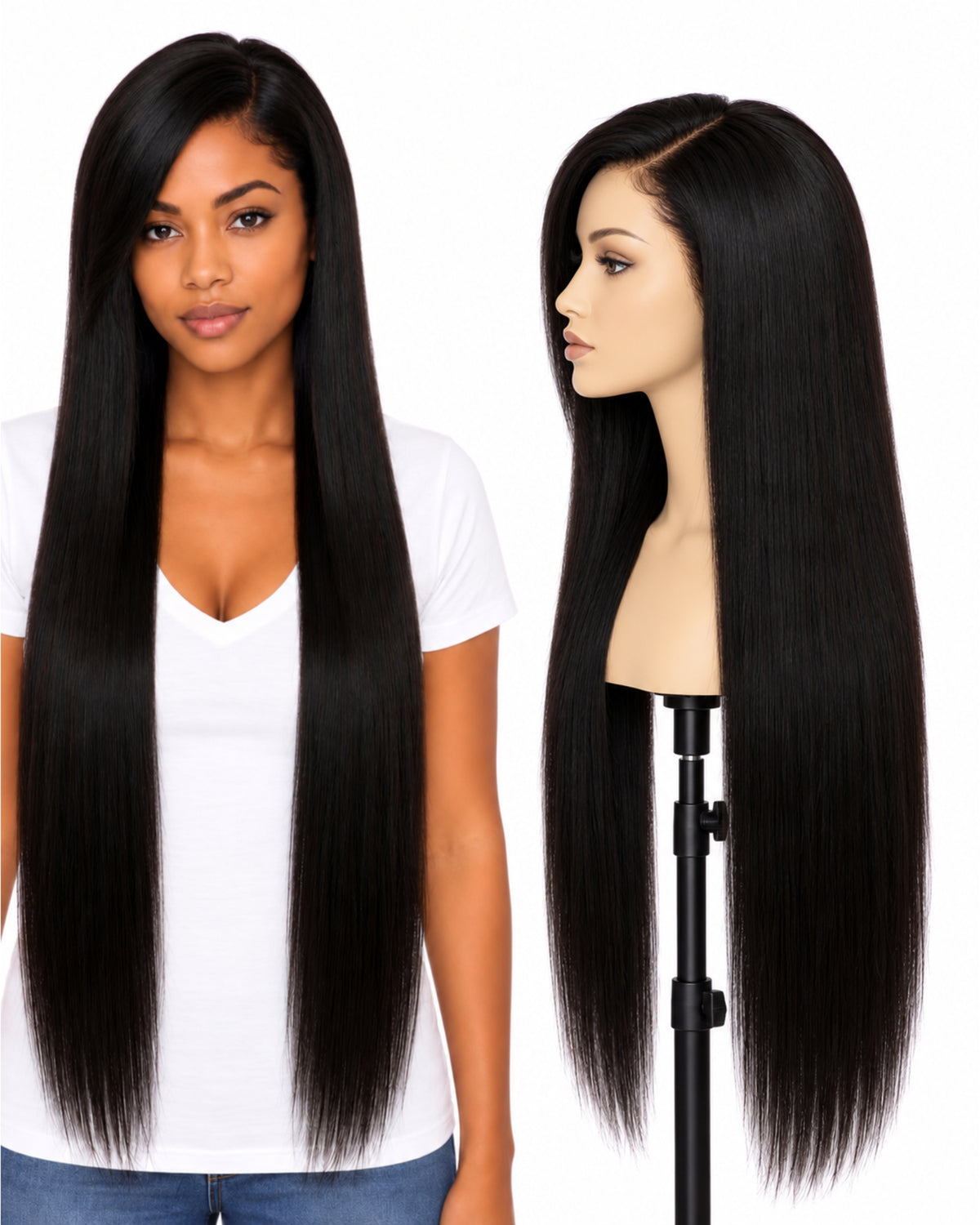 Black straight transparent lace front human hair wig, 90 cm