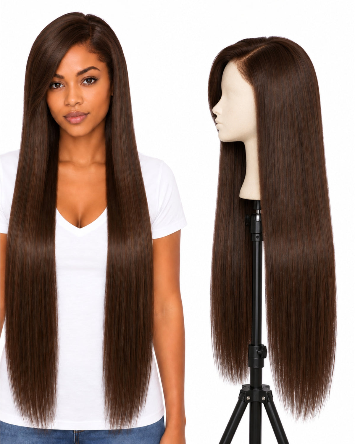 Natural brown straight transparent lace front human hair wig, 90 cm