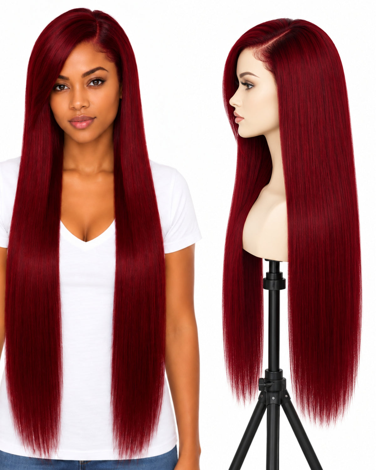 Red straight transparent lace front human hair wig, 90 cm