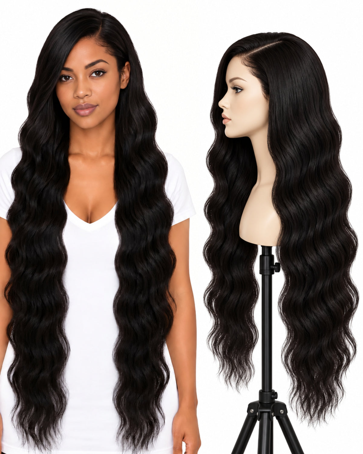 Black wavy transparent lace front human hair wig, 90 cm