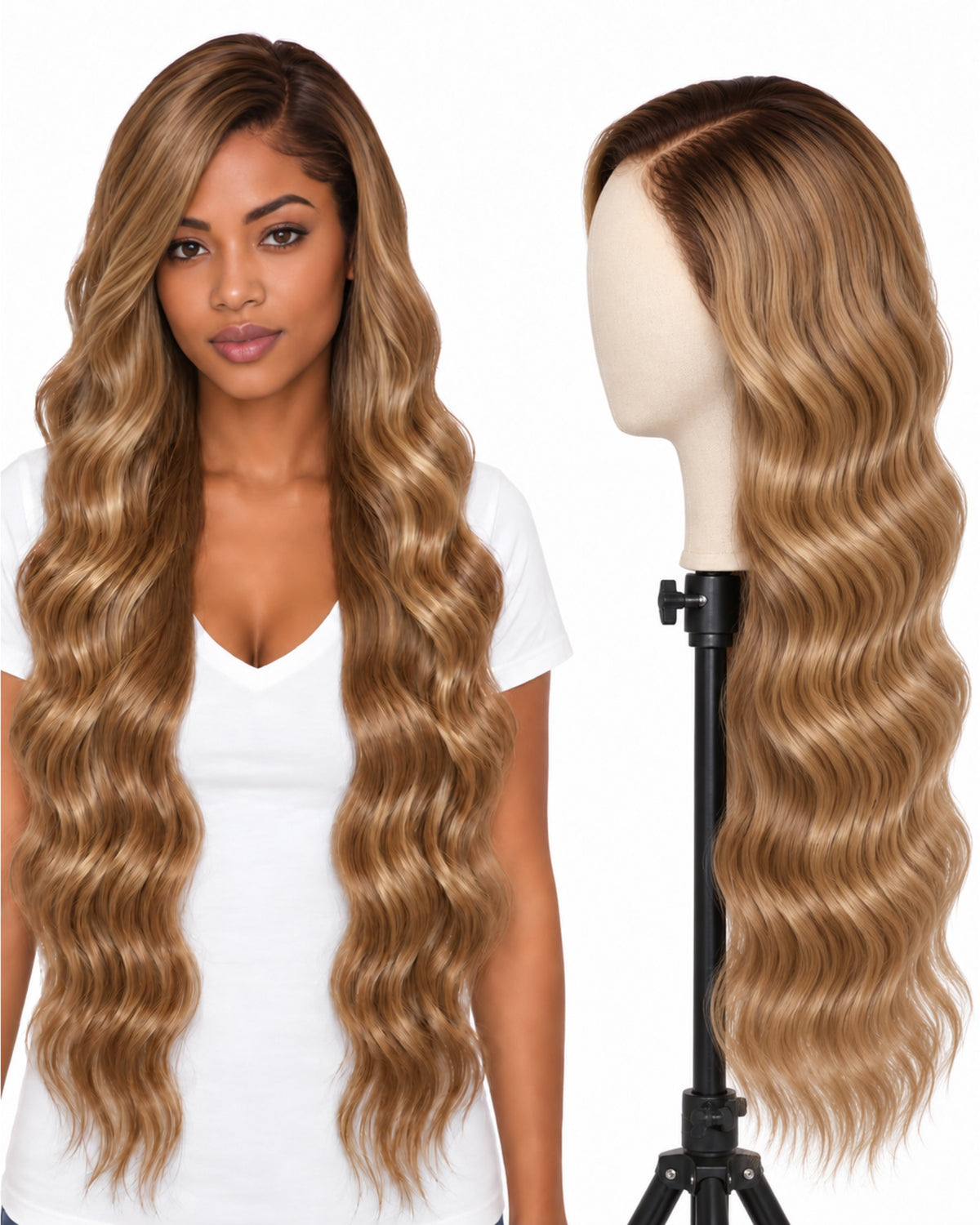 Blonde wavy transparent lace front human hair wig, 90 cm