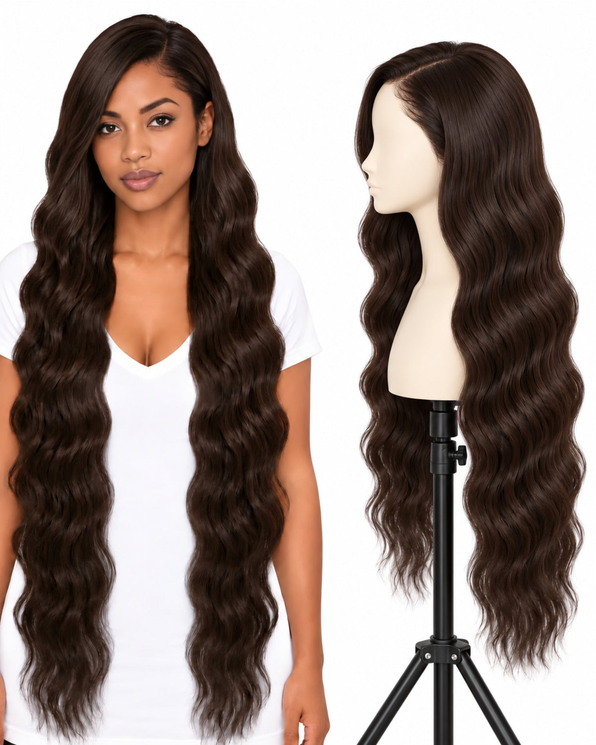 Natural brown wavy transparent lace front human hair wig, 90 cm