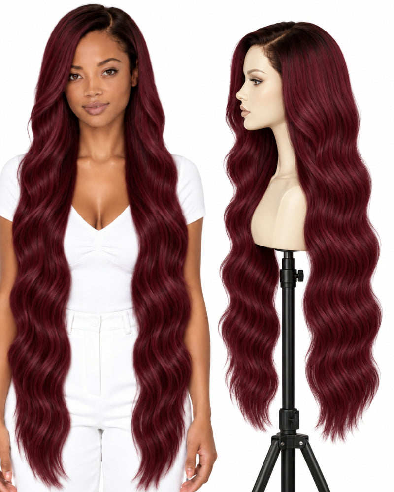 Red Wavy Transparent Lace Front Human Hair Wig — 90 cm