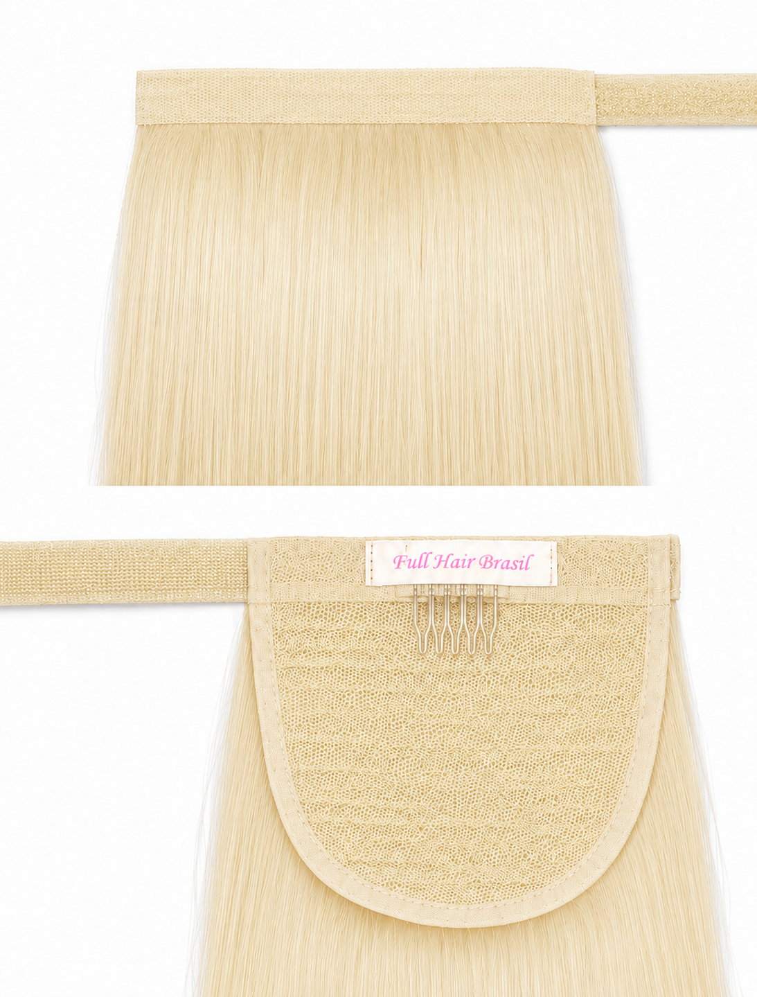Human Hair Ponytail – Wrap-Around Method, Inner Comb and Velcro Finish Strap.