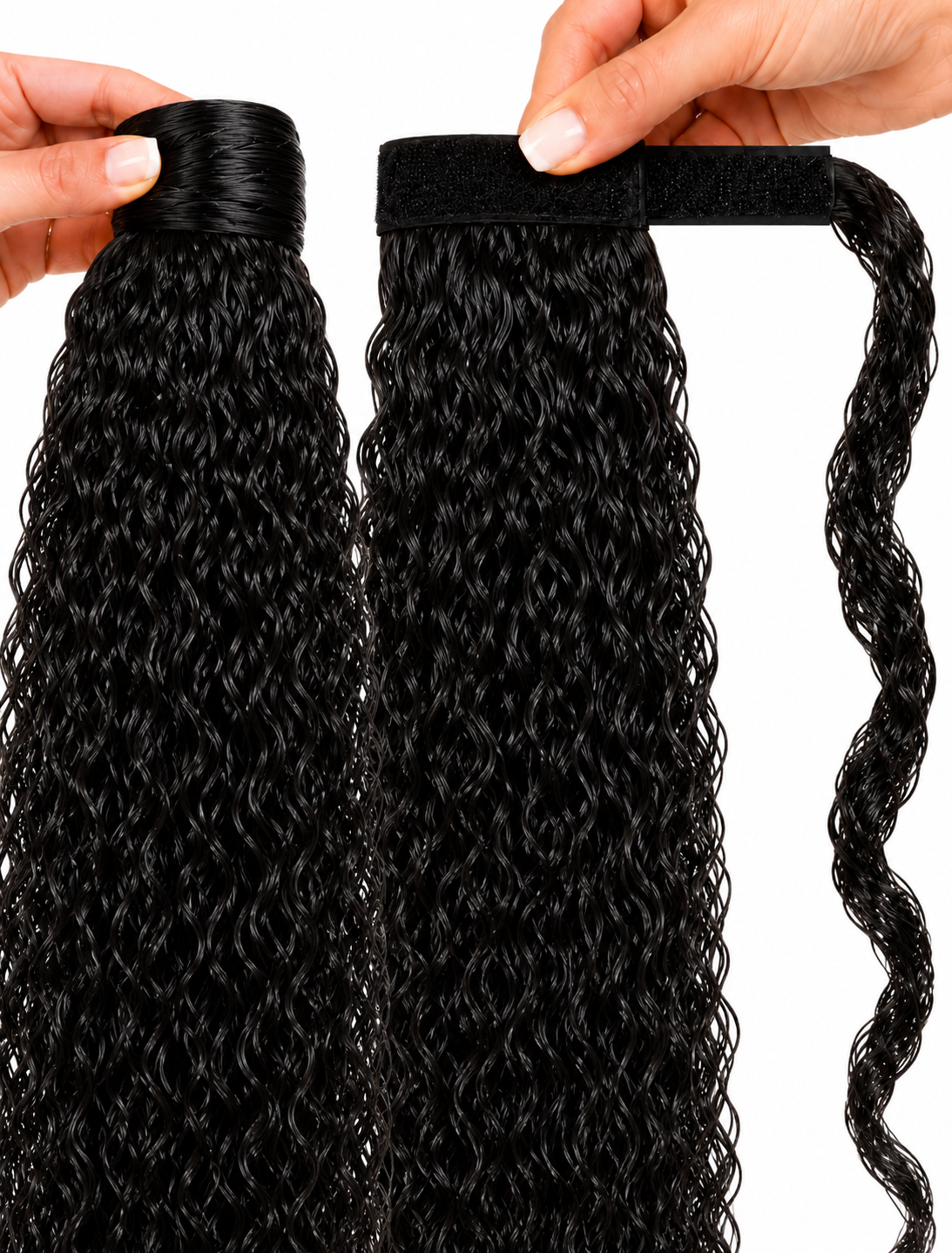 Human Hair Ponytail – Wrap-Around Method, Inner Comb and Velcro Finish Strap.