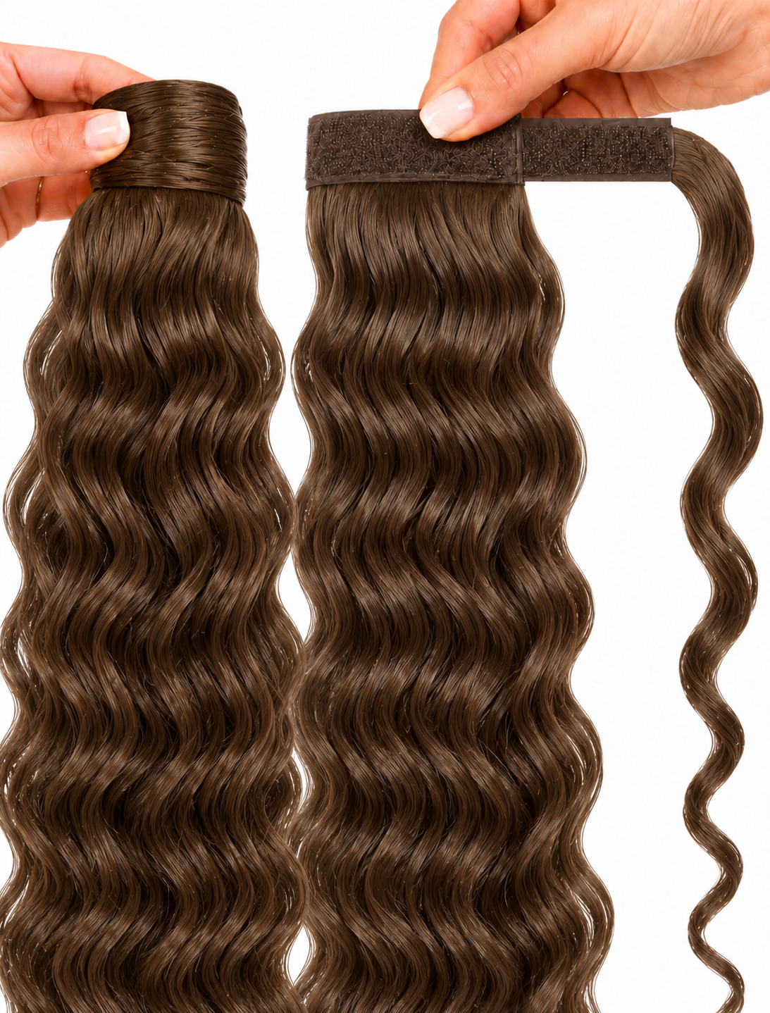 Human Hair Ponytail – Wrap-Around Method, Inner Comb and Velcro Finish Strap.