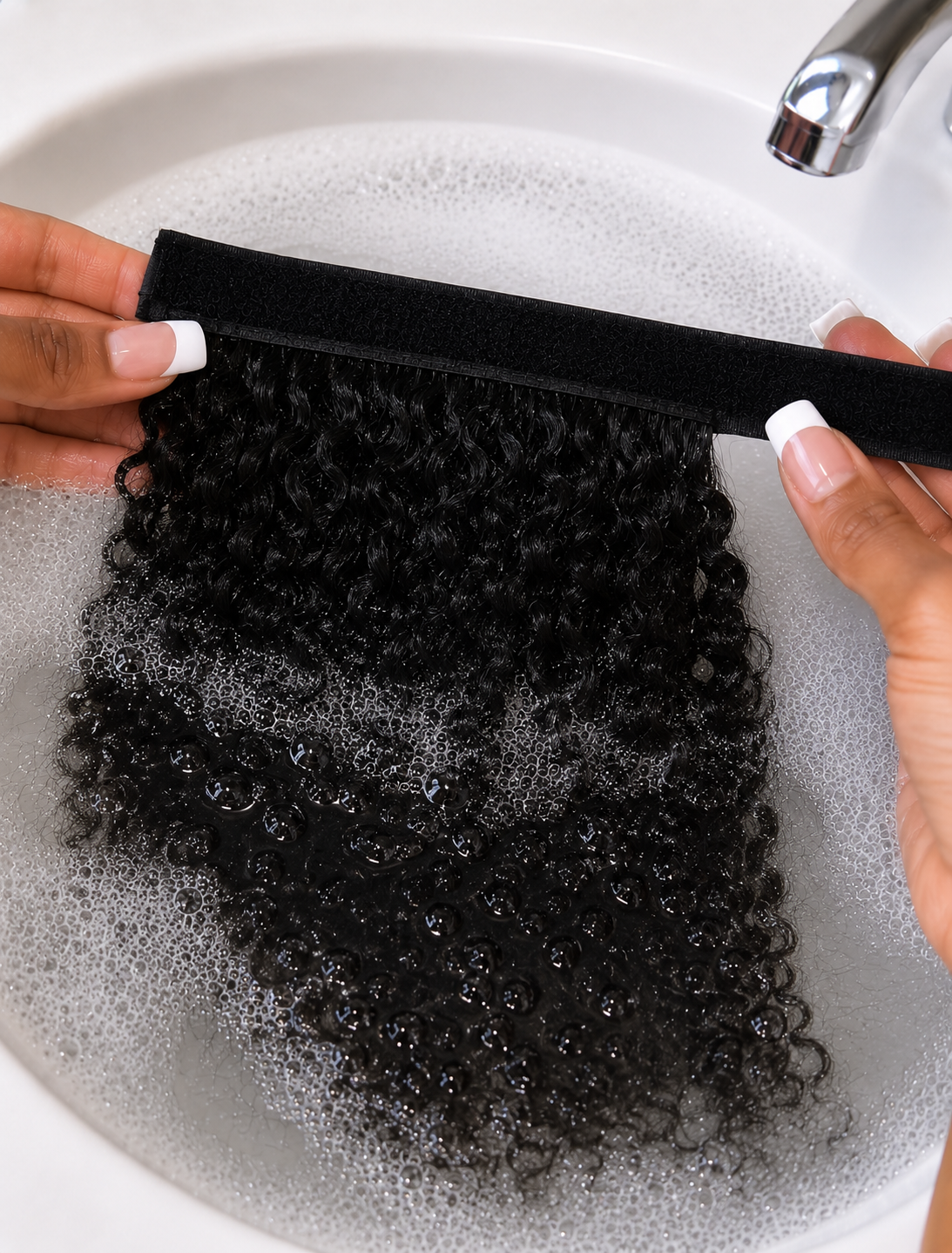 Human Hair Ponytail – Wrap-Around Method, Inner Comb and Velcro Finish Strap.