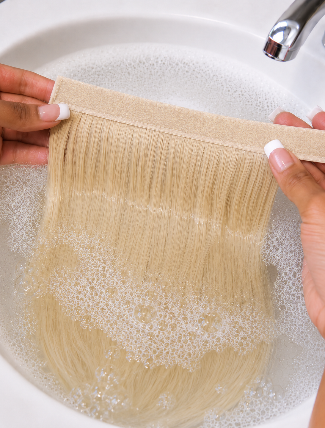 Human Hair Ponytail – Wrap-Around Method, Inner Comb and Velcro Finish Strap.