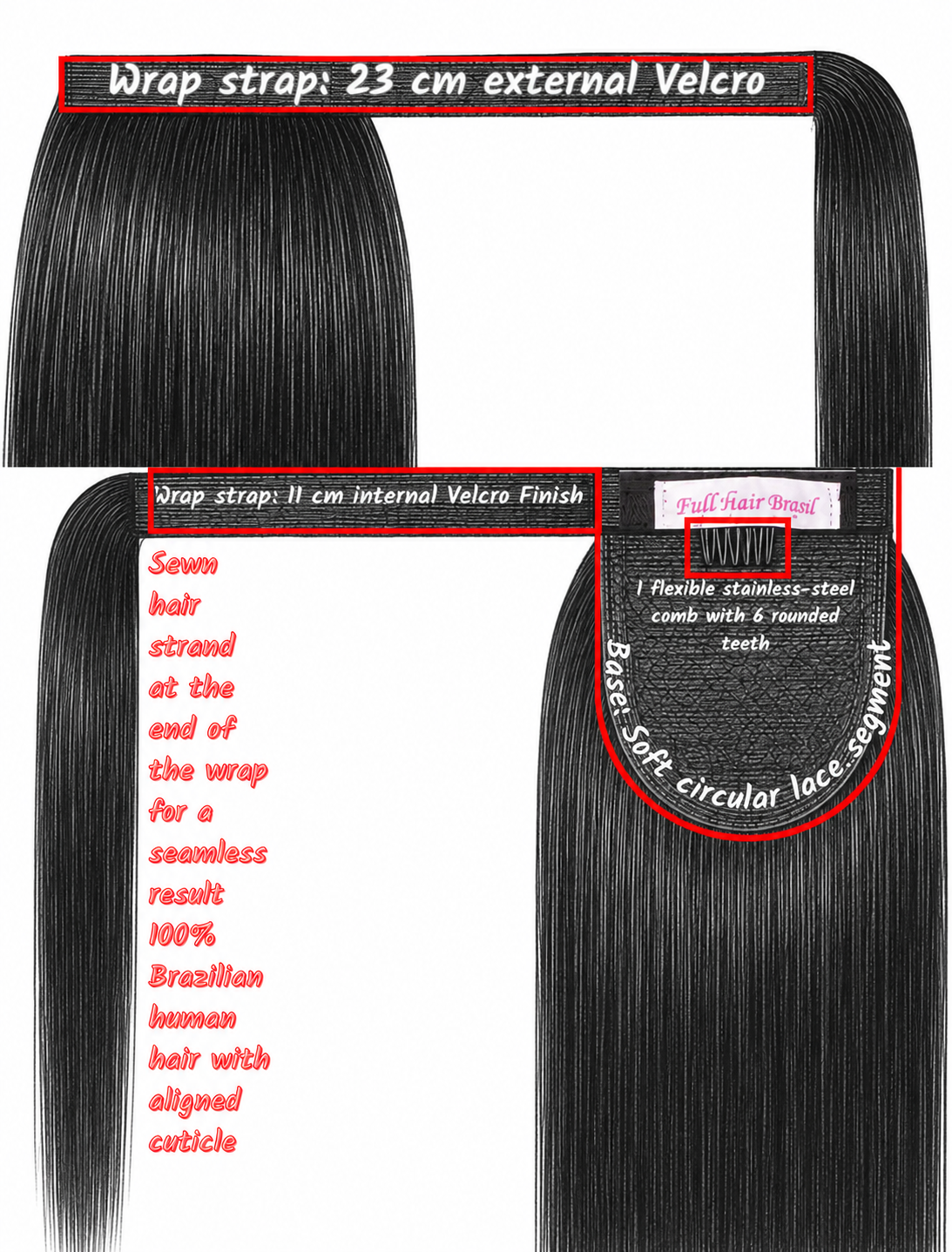 Human Hair Ponytail – Wrap-Around Method, Inner Comb and Velcro Finish Strap.
