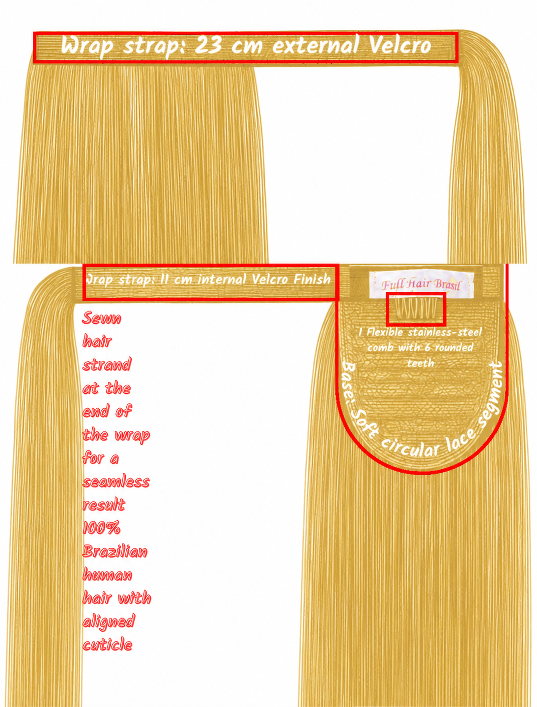 Human Hair Ponytail – Wrap-Around Method, Inner Comb and Velcro Finish Strap.