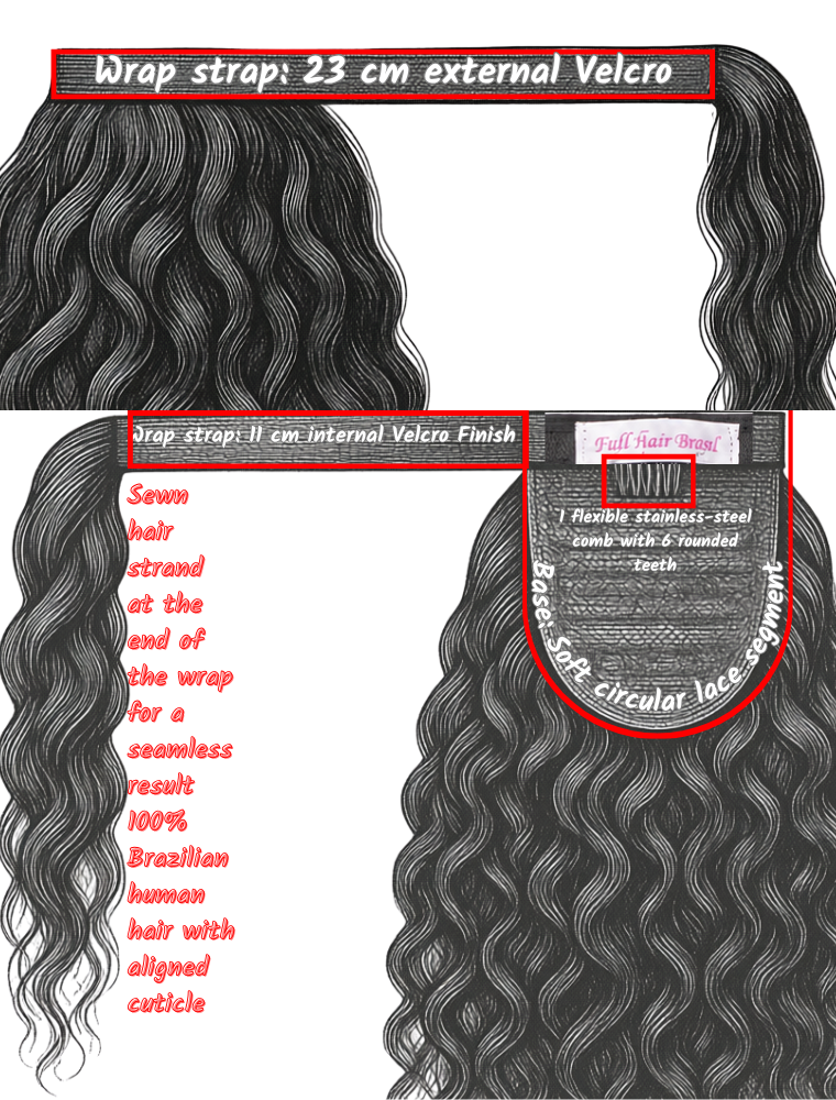 Human Hair Ponytail – Wrap-Around Method, Inner Comb and Velcro Finish Strap.