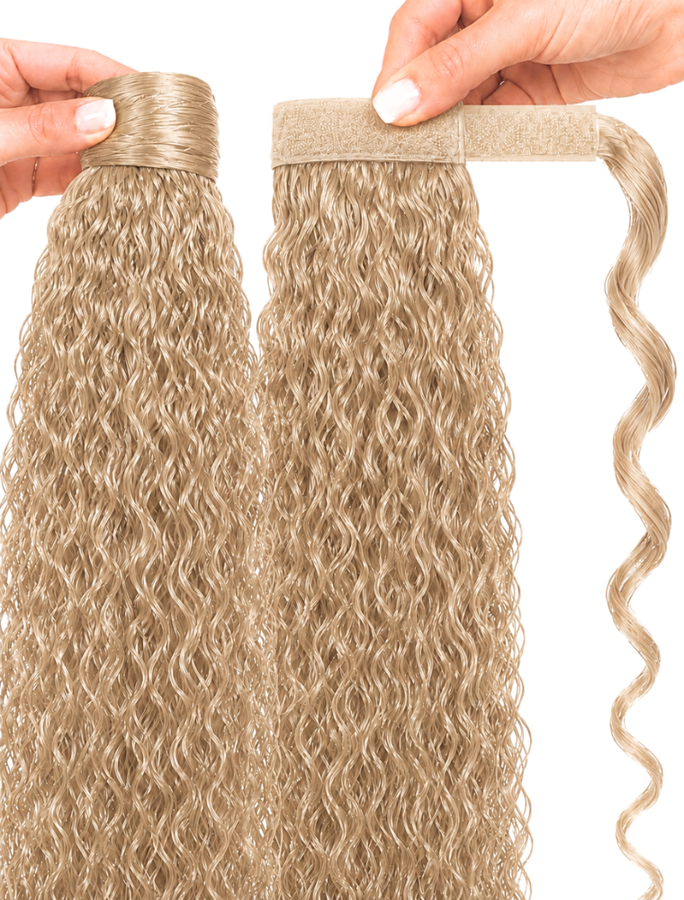 Human Hair Ponytail – Wrap-Around Method, Inner Comb and Velcro Finish Strap.