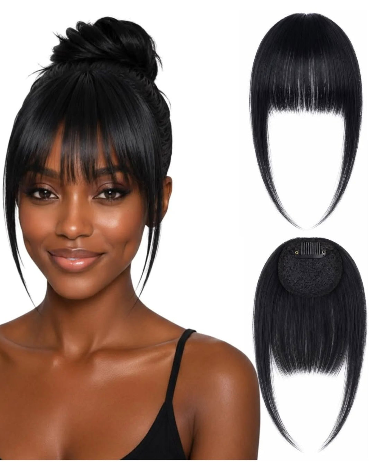 Human hair clip-in fringe Black.1 shown worn and from the front and back