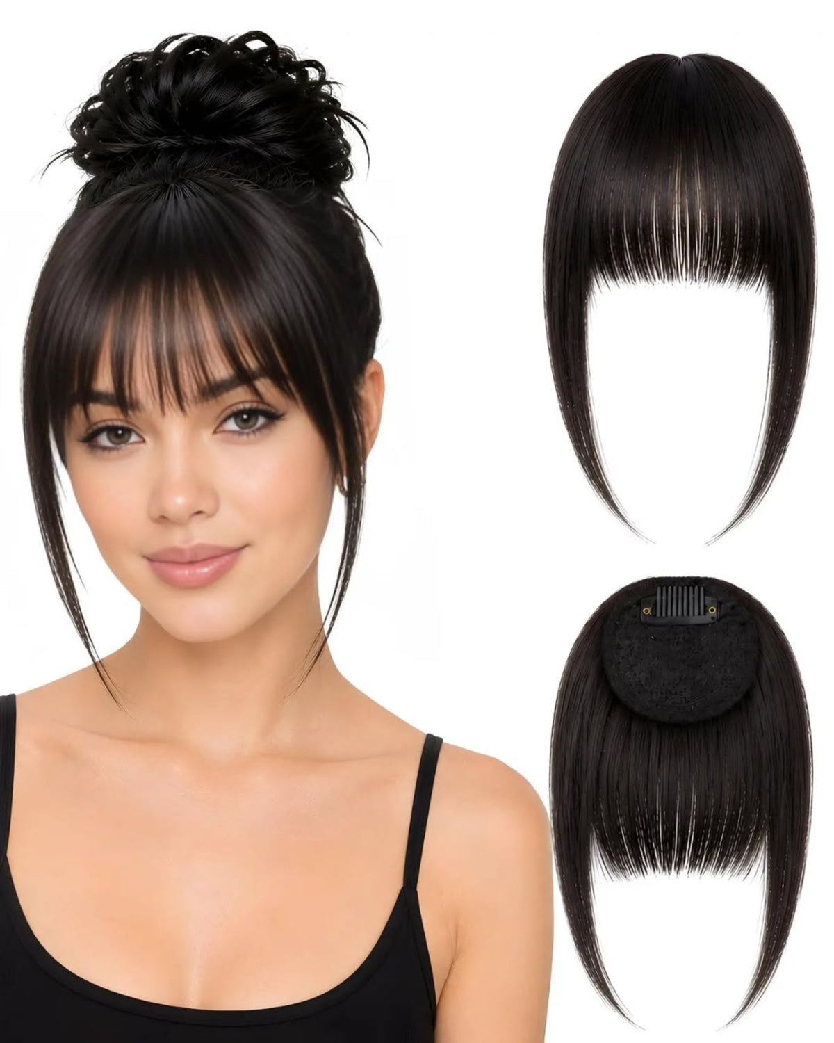 Human hair clip-in fringe Black.3 shown worn and from the front and back