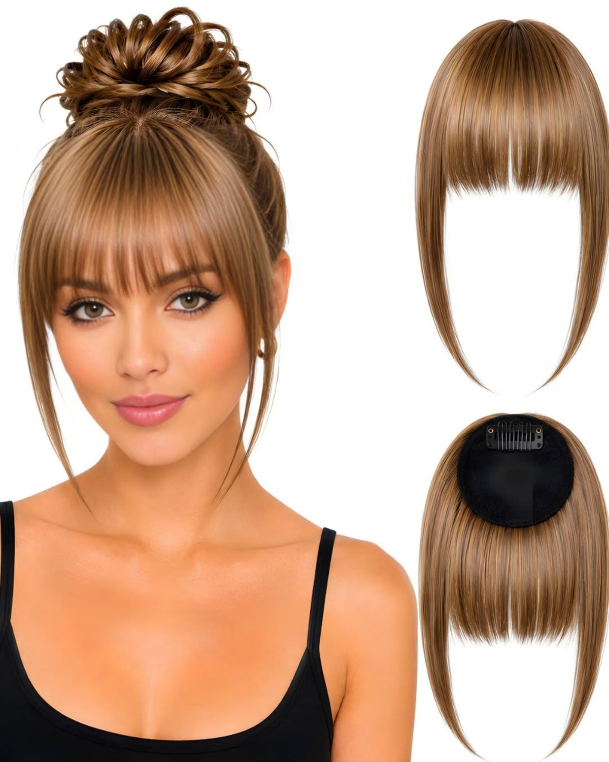 Human hair clip-in fringe Blonde.1 shown worn and from the front and back