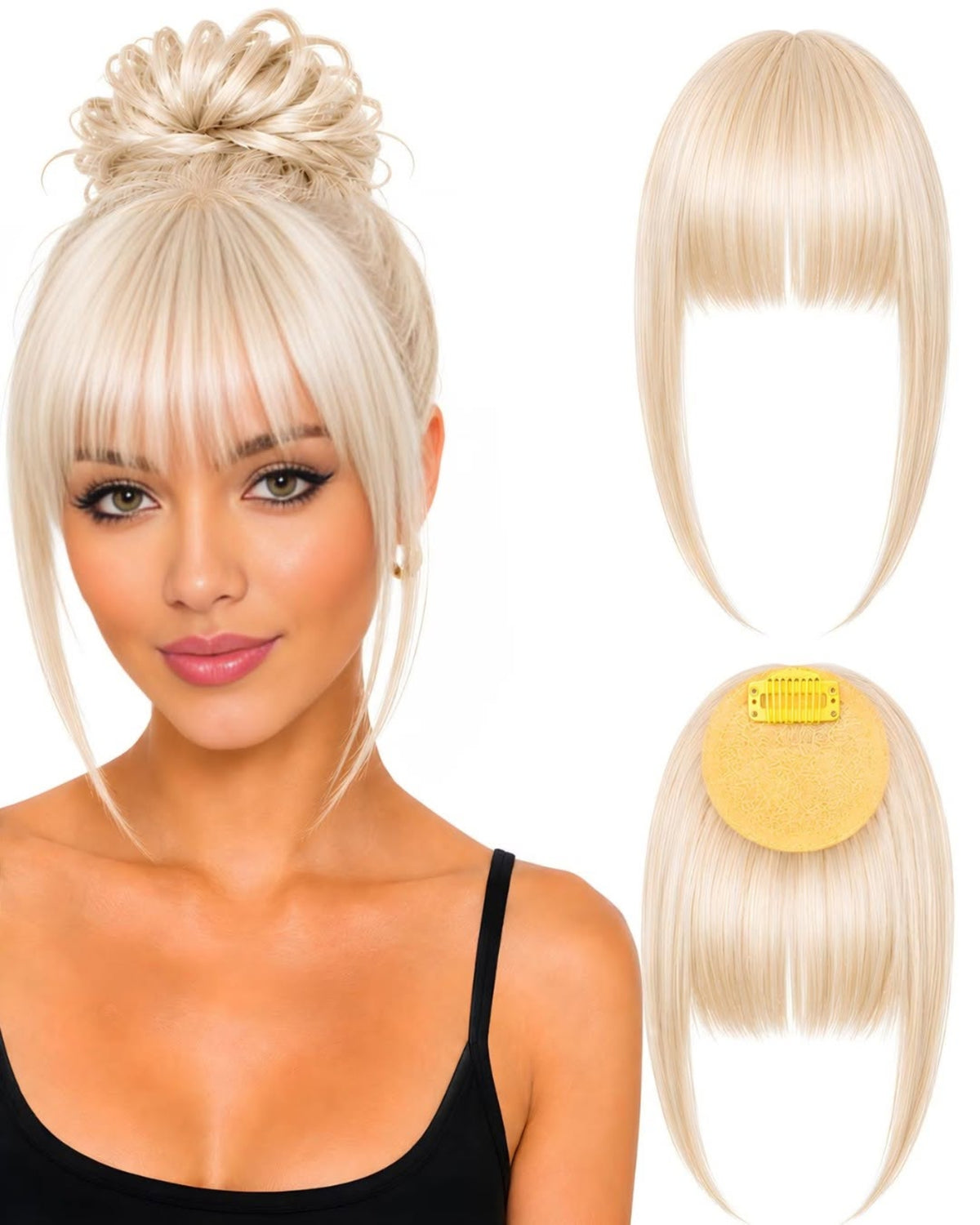 Human hair clip-in fringe Blonde.3 shown worn and from the front and back