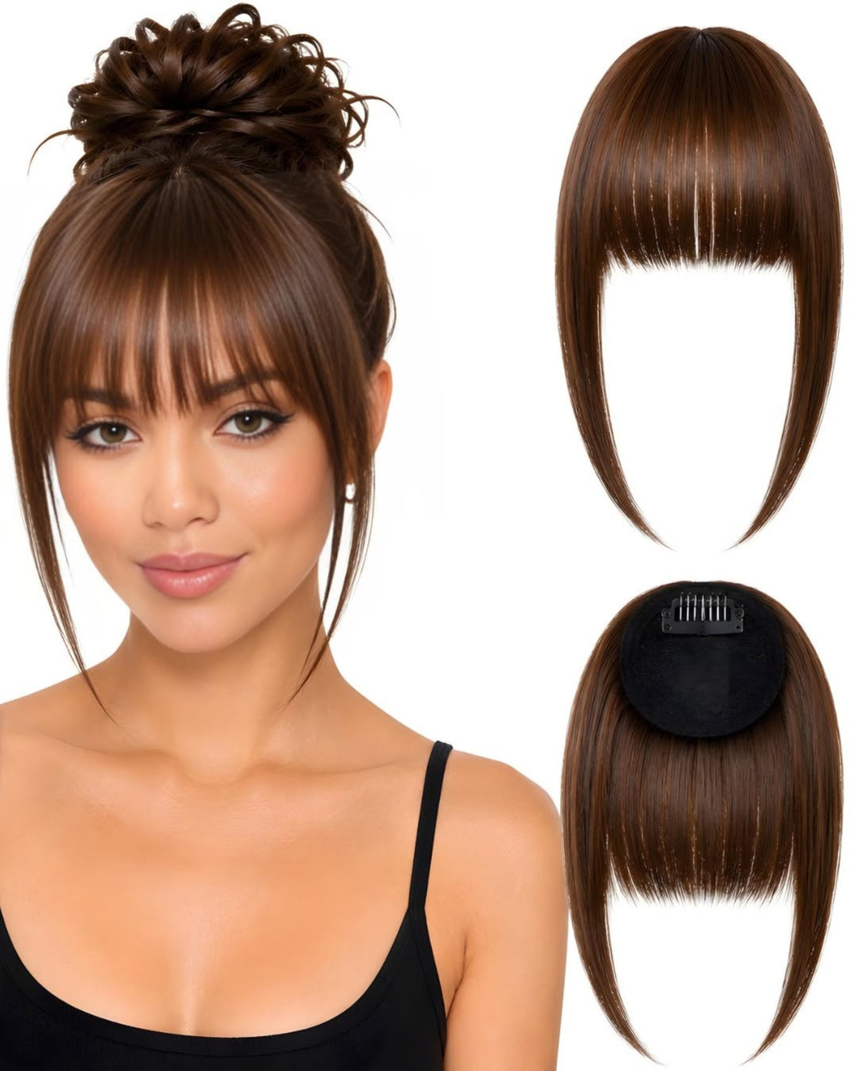 Human hair clip-in fringe Brown.2 shown worn and from the front and back
