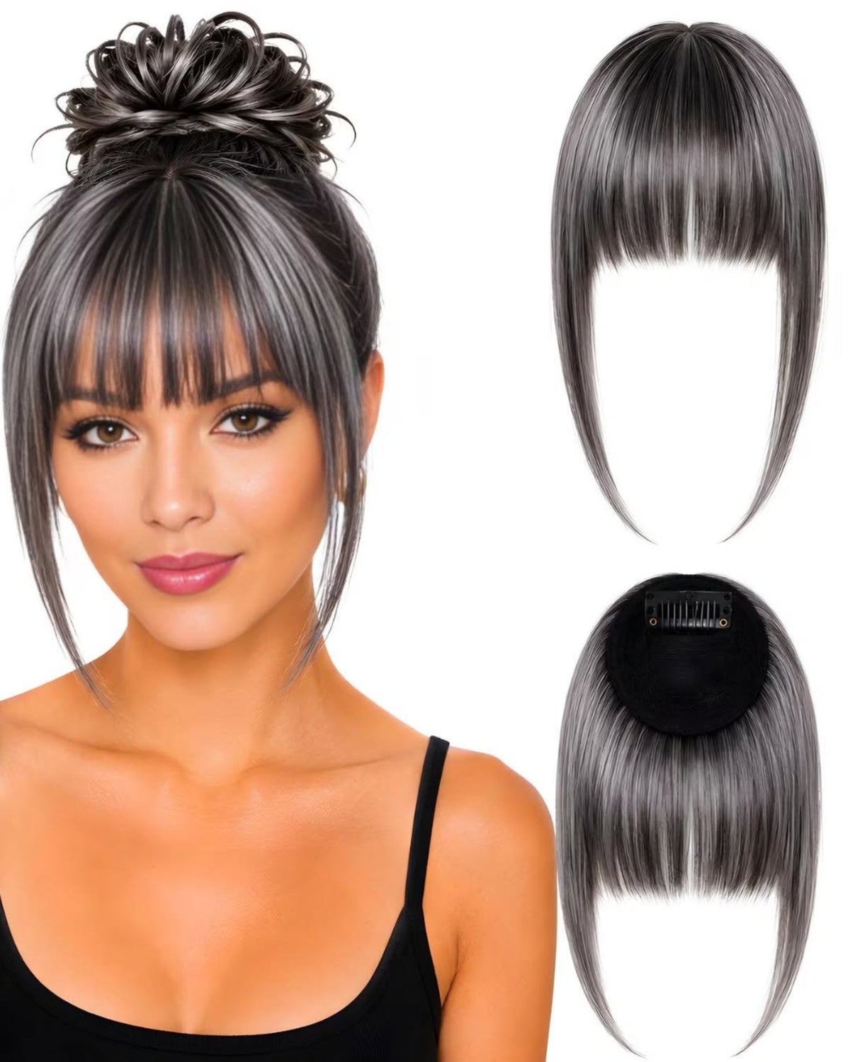 Human hair clip-in fringe Gray.1 shown worn and from the front and back