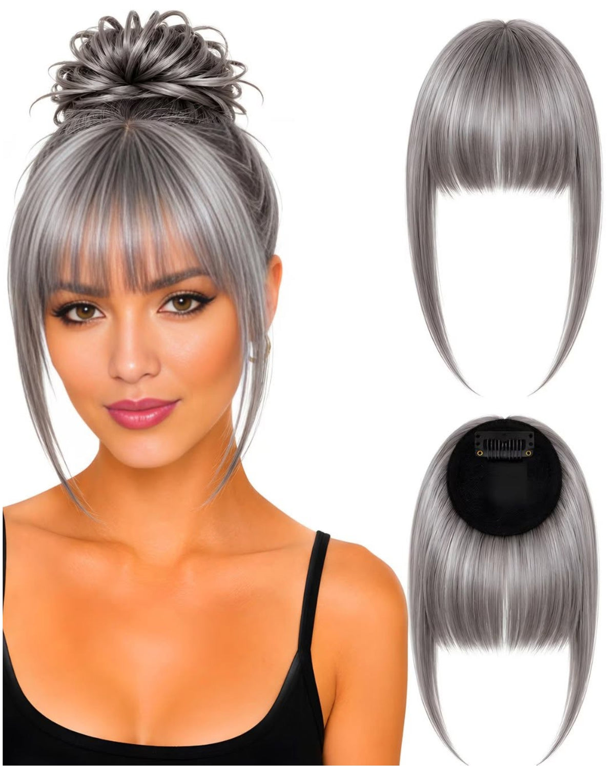 Human hair clip-in fringe Gray.2 shown worn and from the front and back
