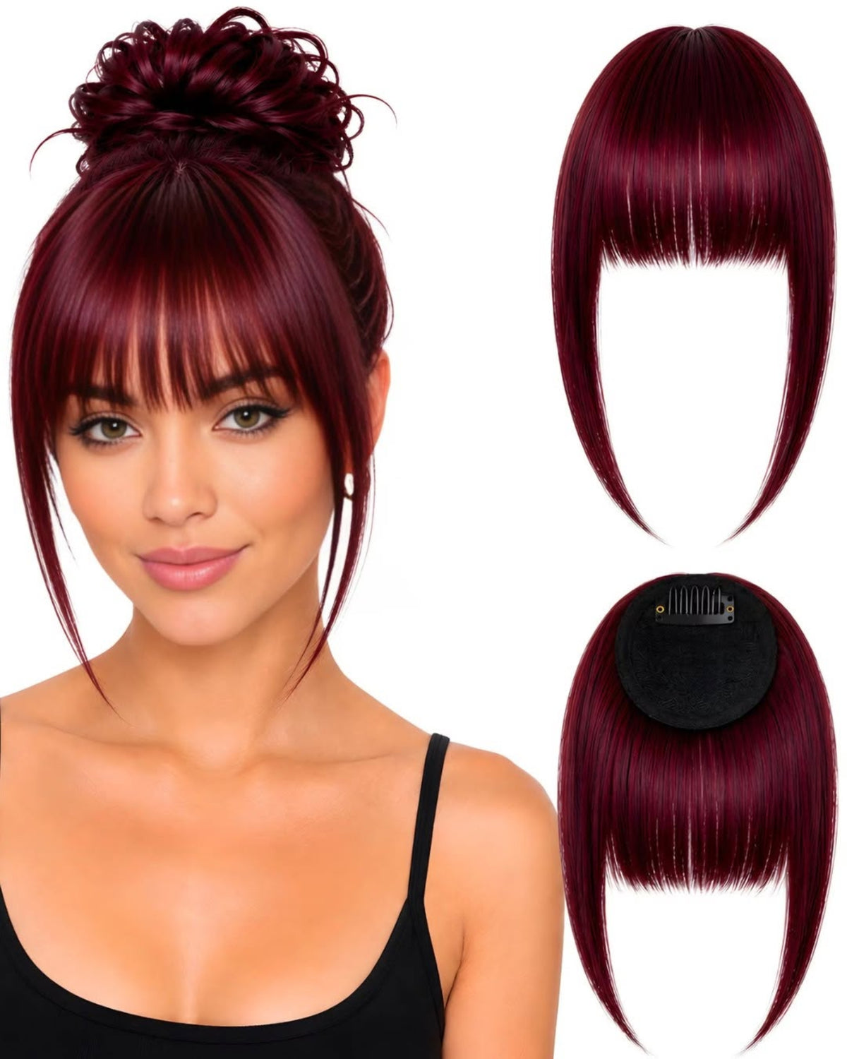 Human hair clip-in fringe Red.1 shown worn and from the front and back