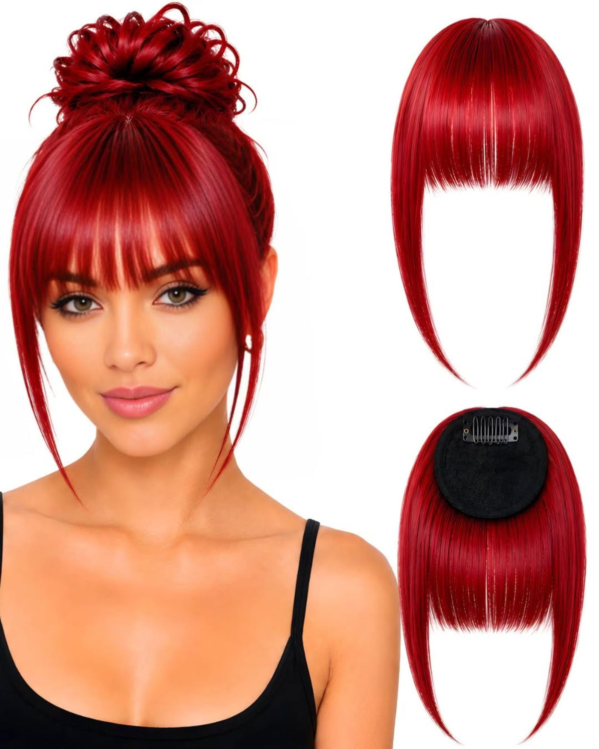Human hair clip-in fringe Red.2 shown worn and from the front and back