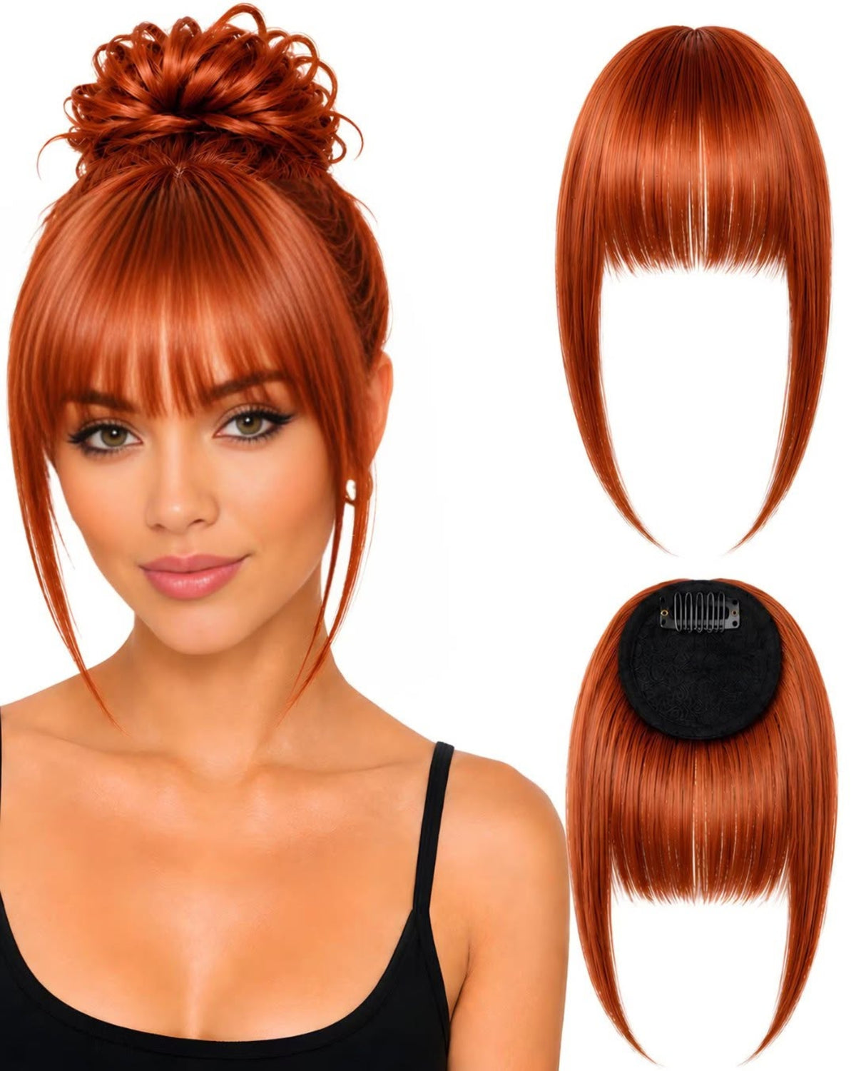 Human hair clip-in fringe Red.3 shown worn and from the front and back