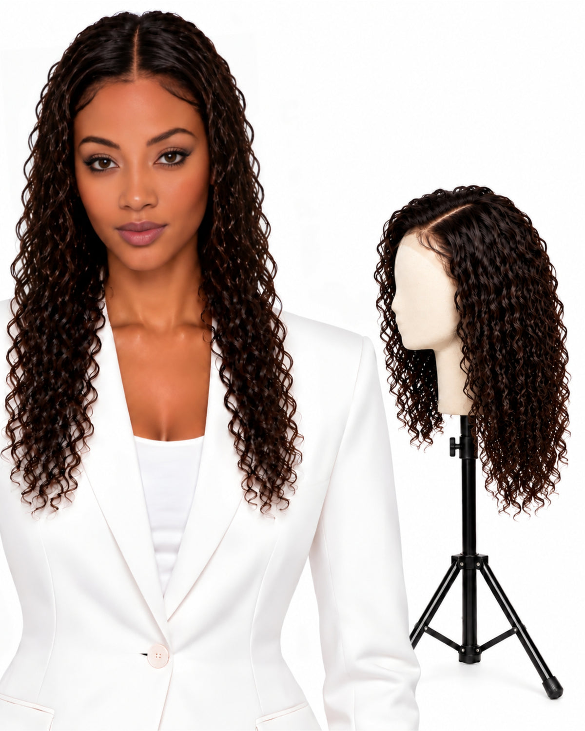 Natural brown curly HD human hair lace wig — 50 cm