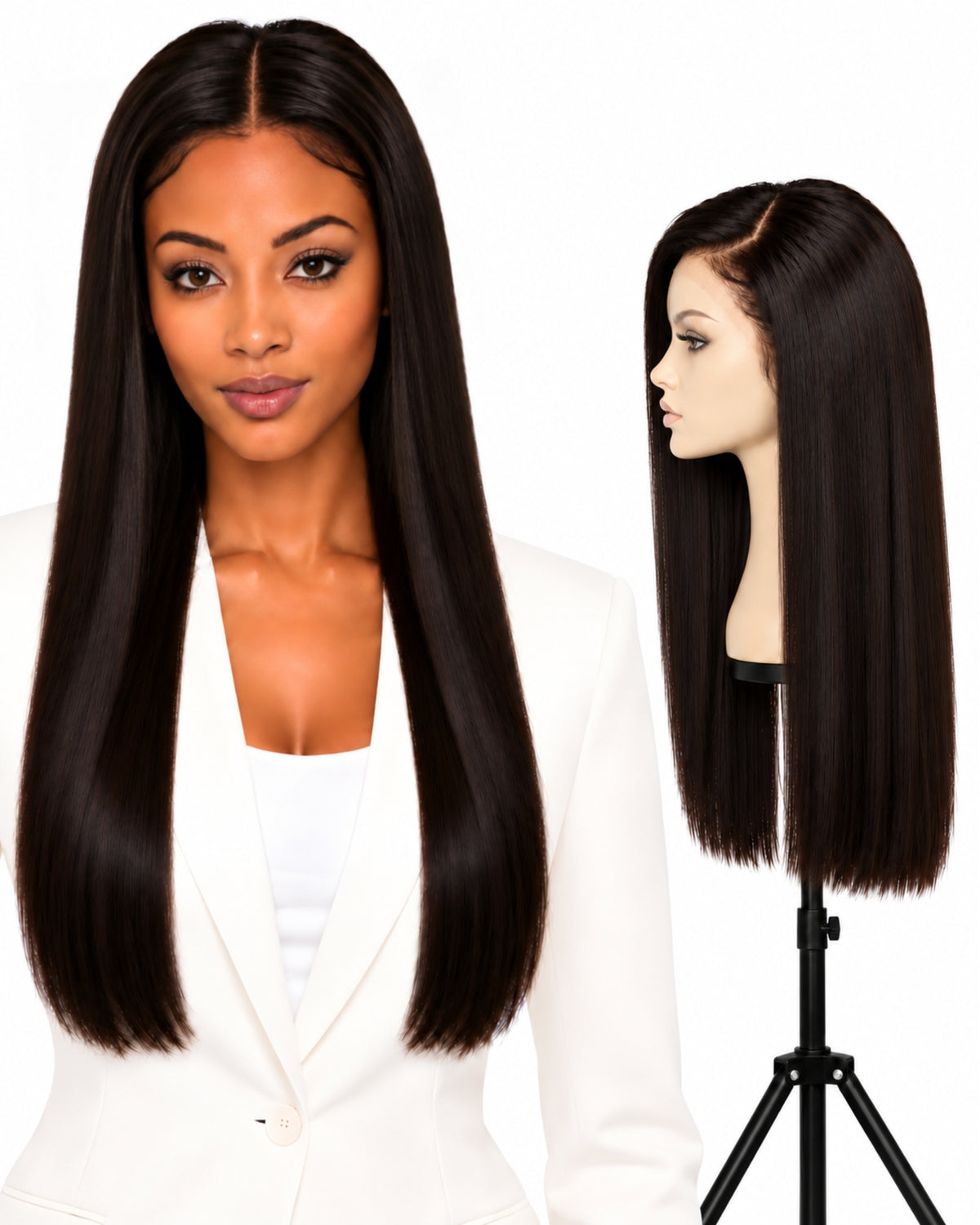 Natural brown straight HD human hair lace wig — 60 cm