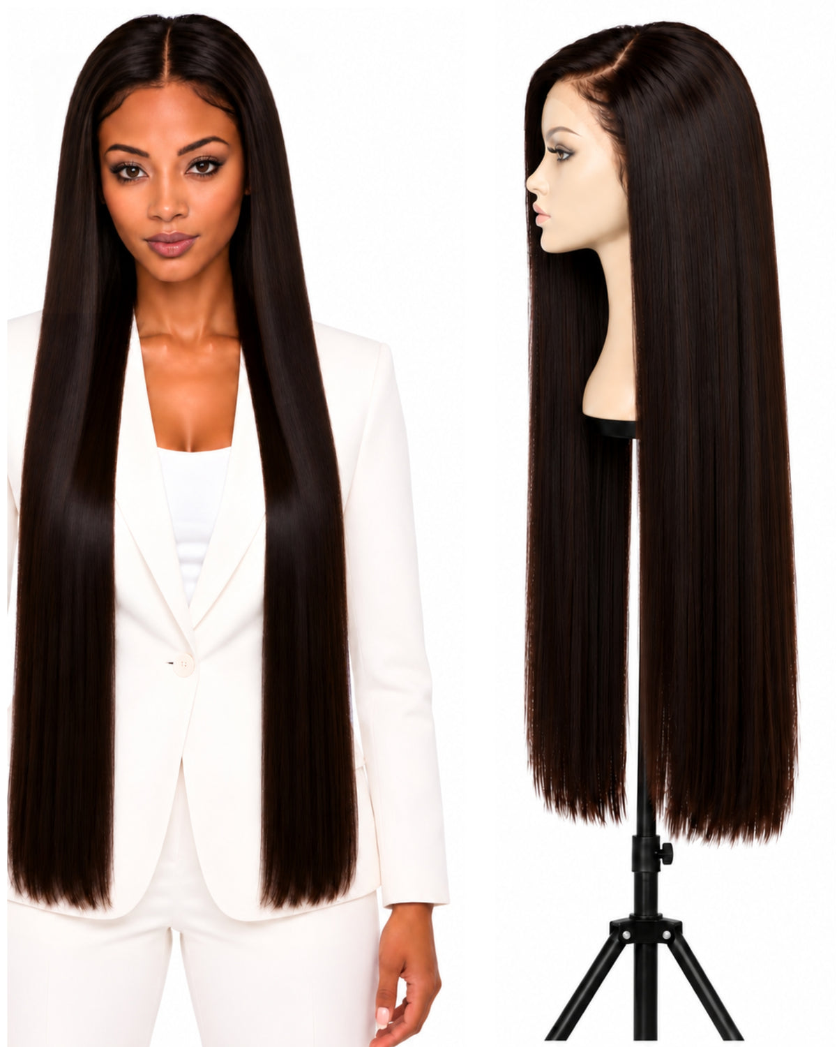 Natural brown straight HD human hair lace wig — 80 cm