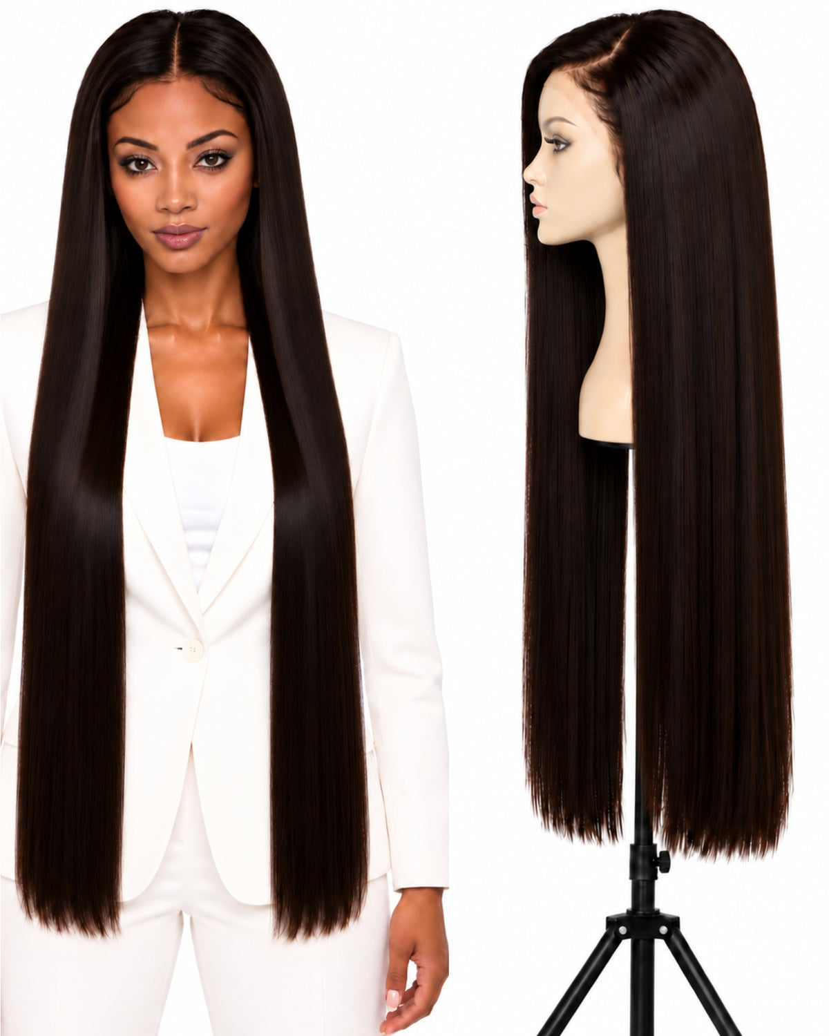 Natural brown straight HD human hair lace wig — 90 cm