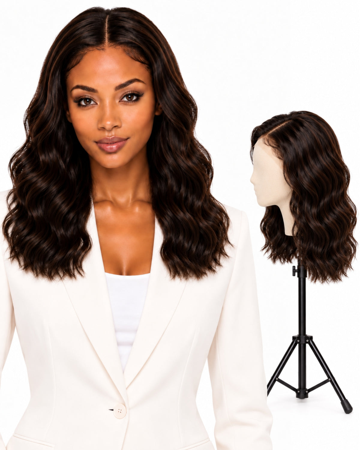Natural brown wavy HD human hair lace wig — 40 cm