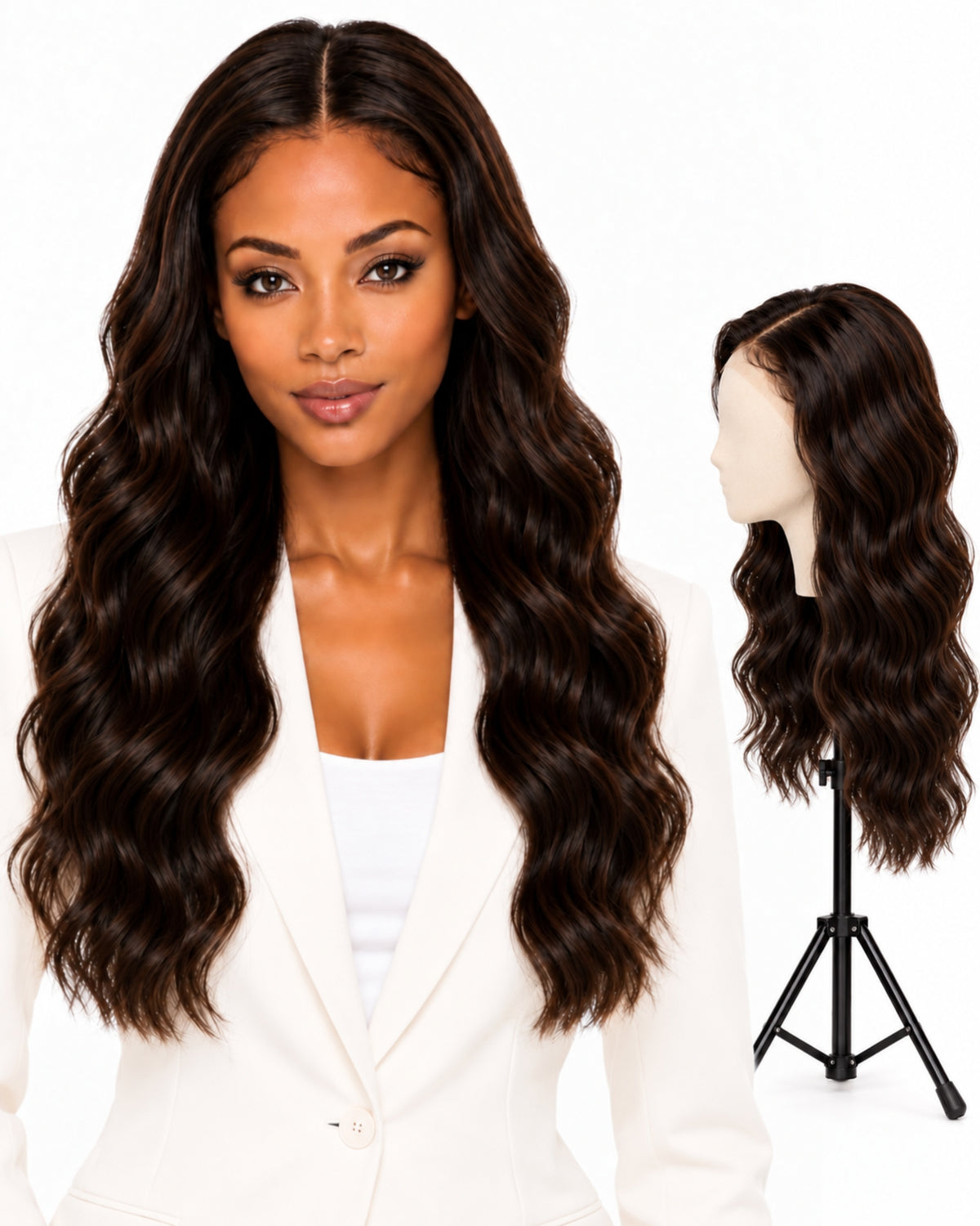 Natural brown wavy HD human hair lace wig — 50 cm