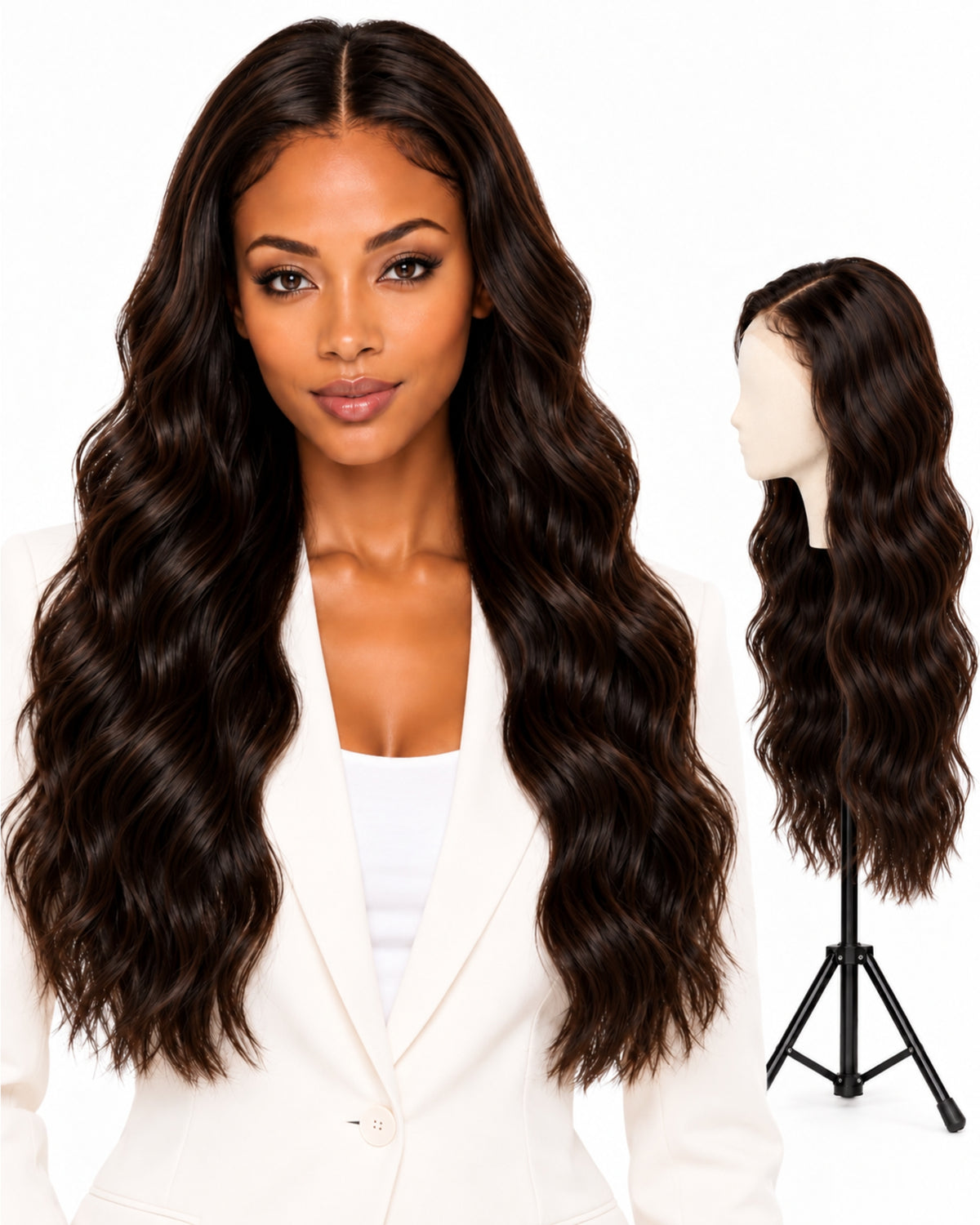 Natural brown wavy HD human hair lace wig — 60 cm