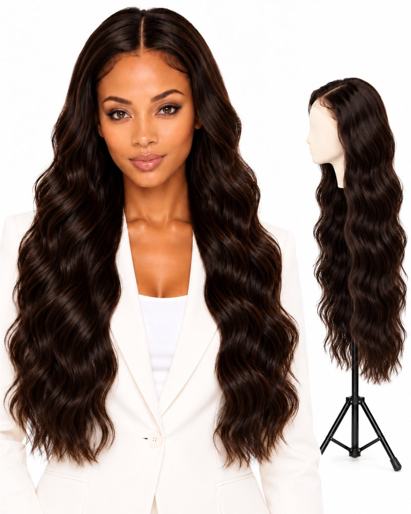 Natural Brown Wavy HD Lace Human Hair Wig — 70 cm / Natural