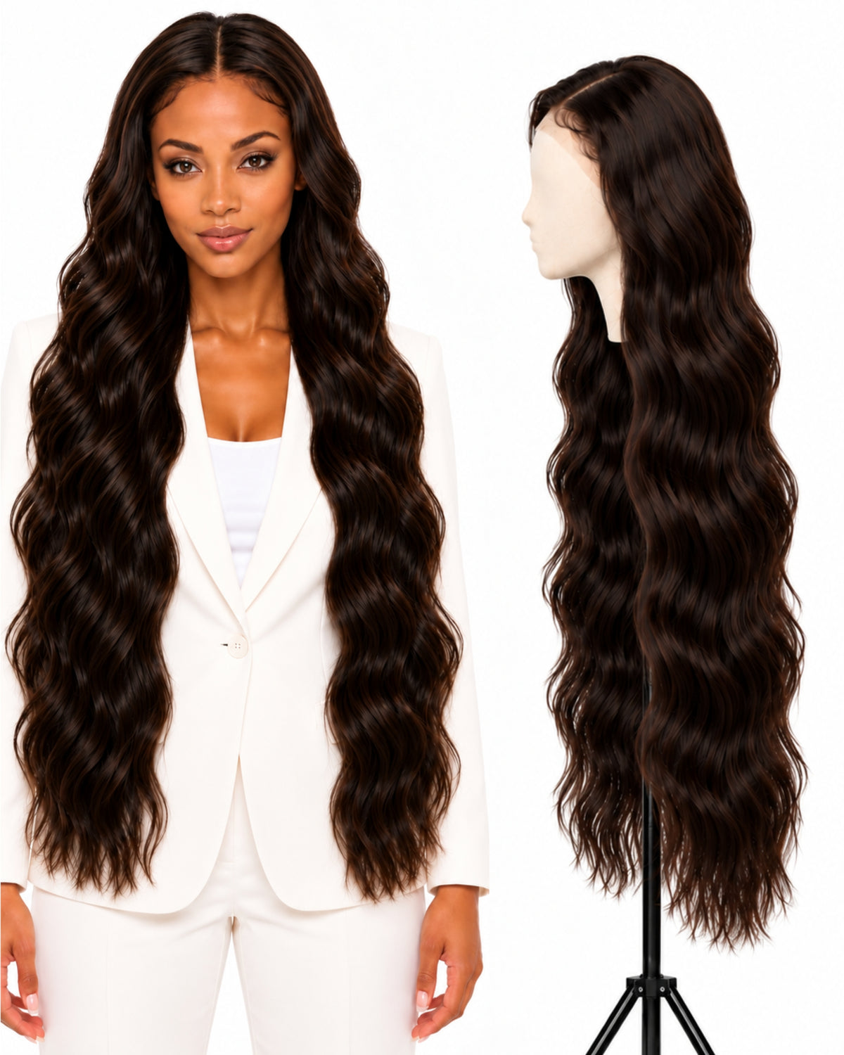 Natural brown wavy HD human hair lace wig — 90 cm