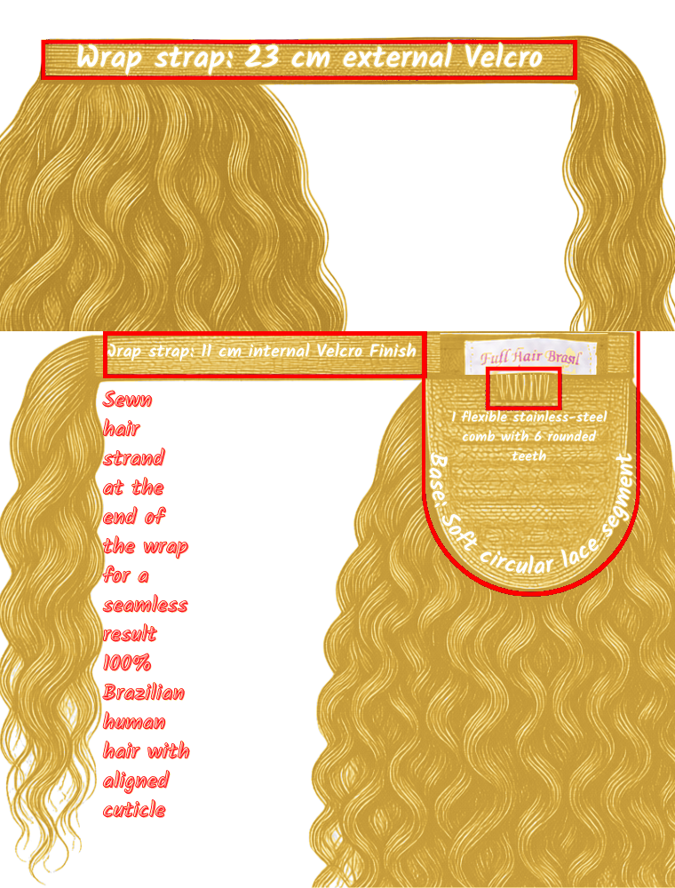 Human Hair Ponytail – Wrap-Around Method, Inner Comb and Velcro Finish Strap.